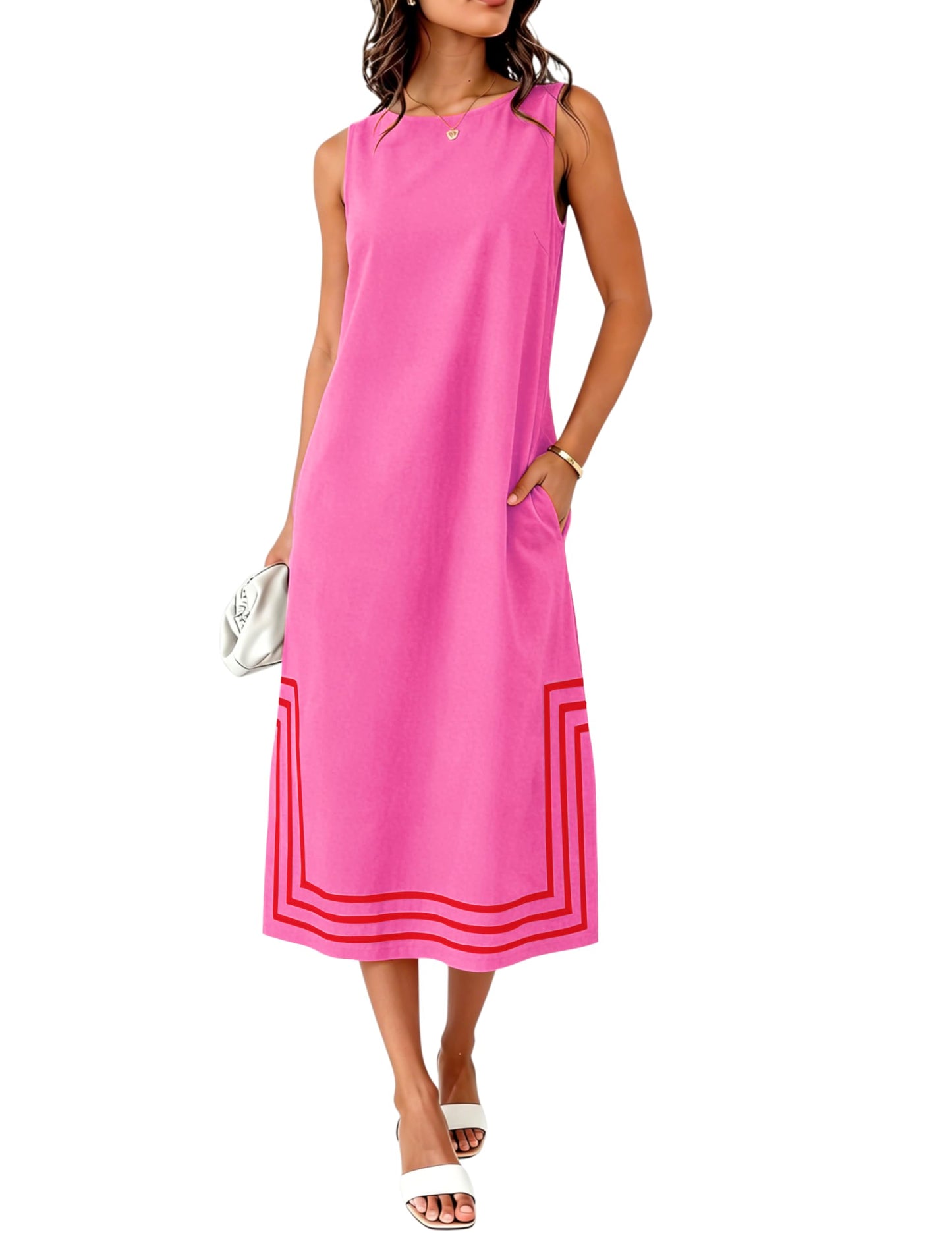 Womens Boho Linen Maxi Dress Sleeveless Split Sundress Color Block A-Line Coverups Beach Vacation Dress with Pockets