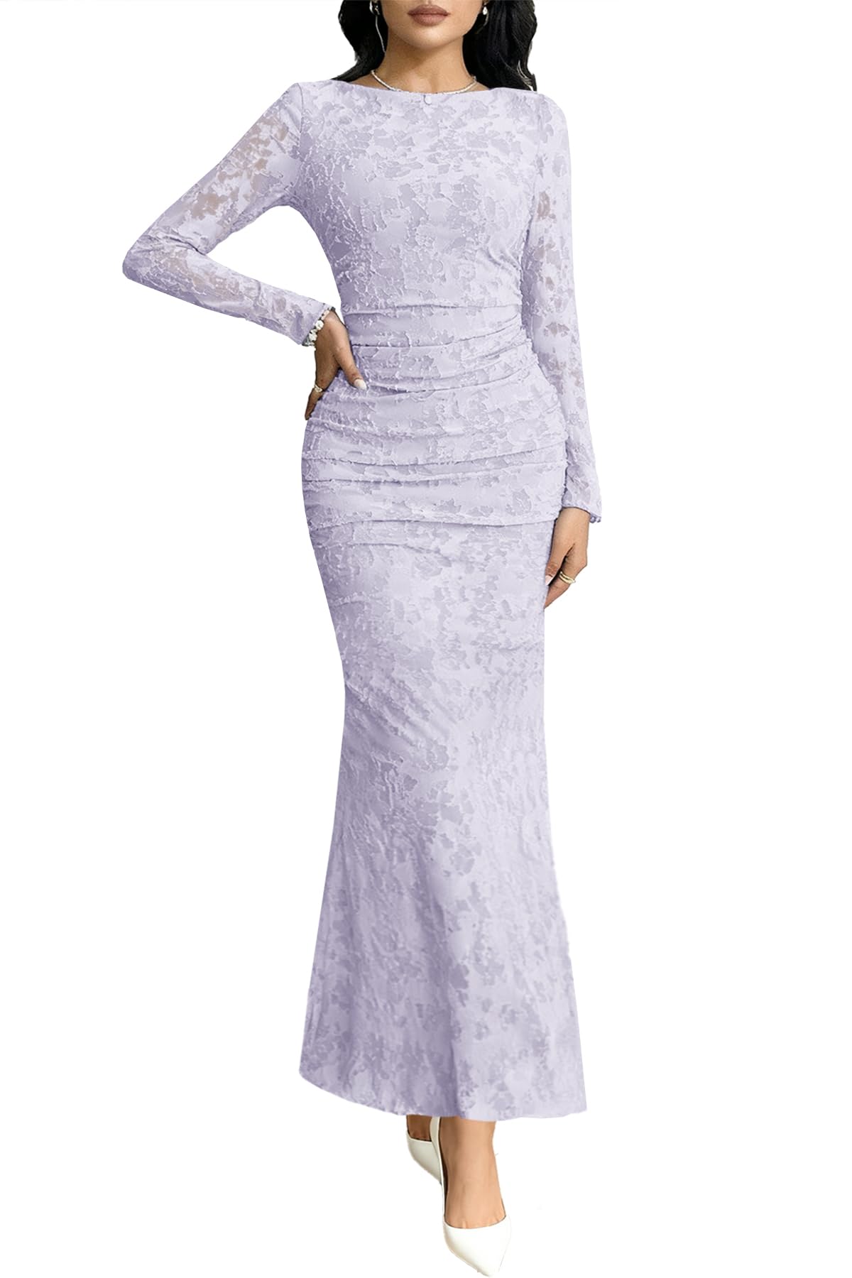 MITILLY Women's Formal Long Sleeve Dress Fall Elegant Floral Bodycon Ruched Cocktail Party Maxi Dresses New