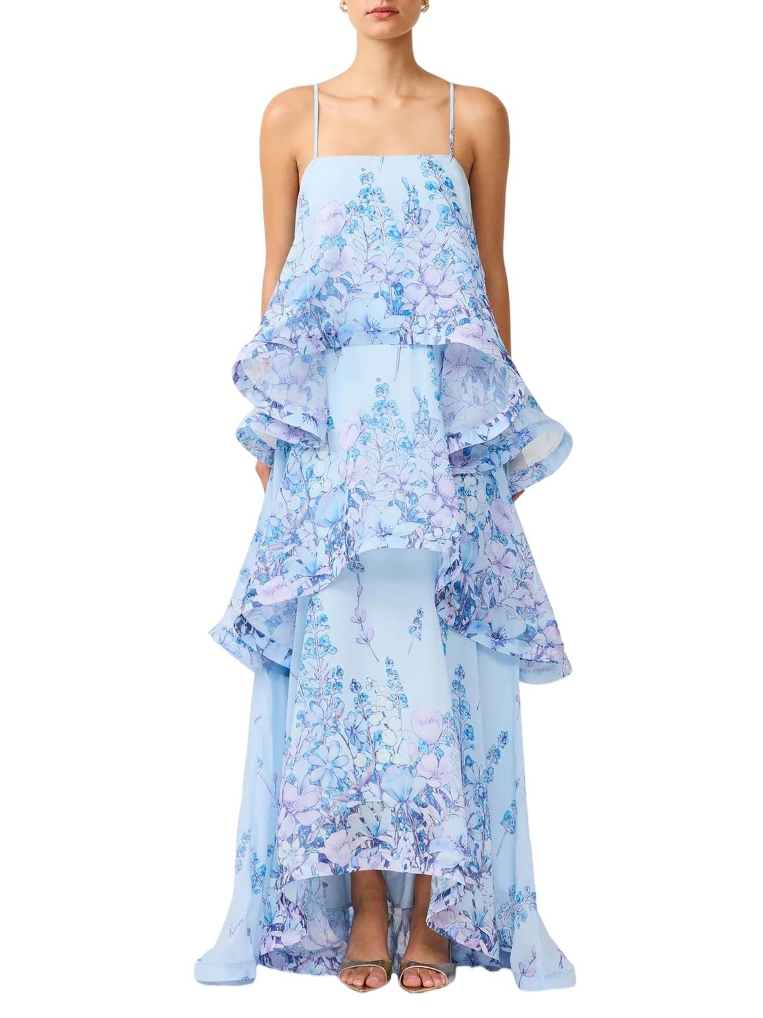 Women's Elegant Print Layered Ruffle Prom Dress Spaghetti Strap Backless Loose Chiffon Maxi Dress