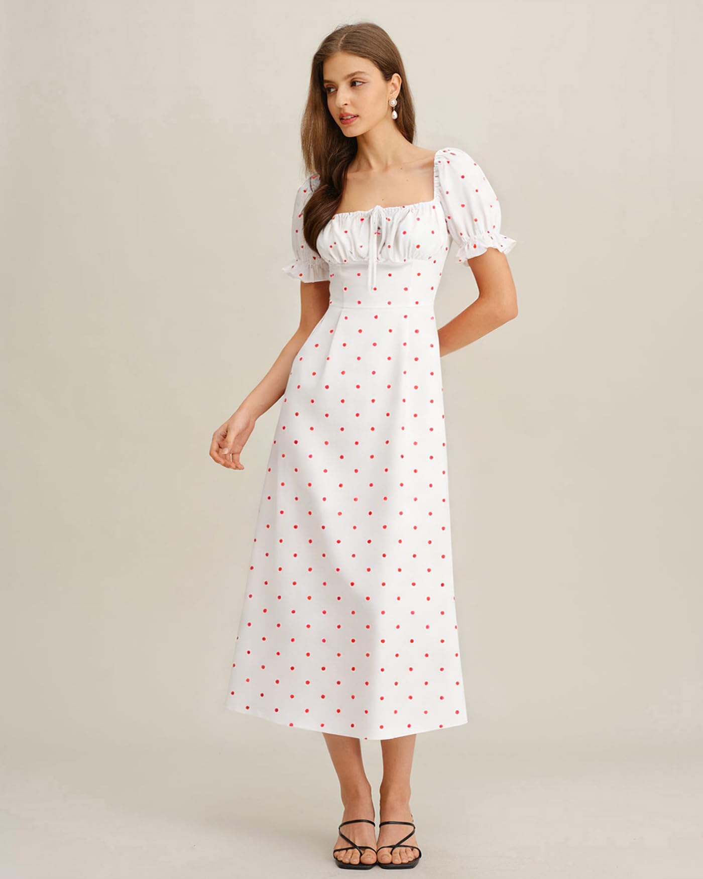 Women Summer Dresses Vintage Square Neck Adjustable Bust Floral Dress Short Puff A-Line Midi Dresses Sleeve