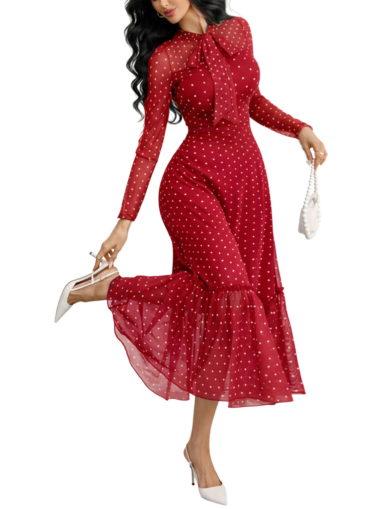 GothDark Polka Dot Dress for Women Mesh Tie Neck Bow Sheer Sleeve Flowy Ruffle Hem Going Out Wedding Guest Casual Dress