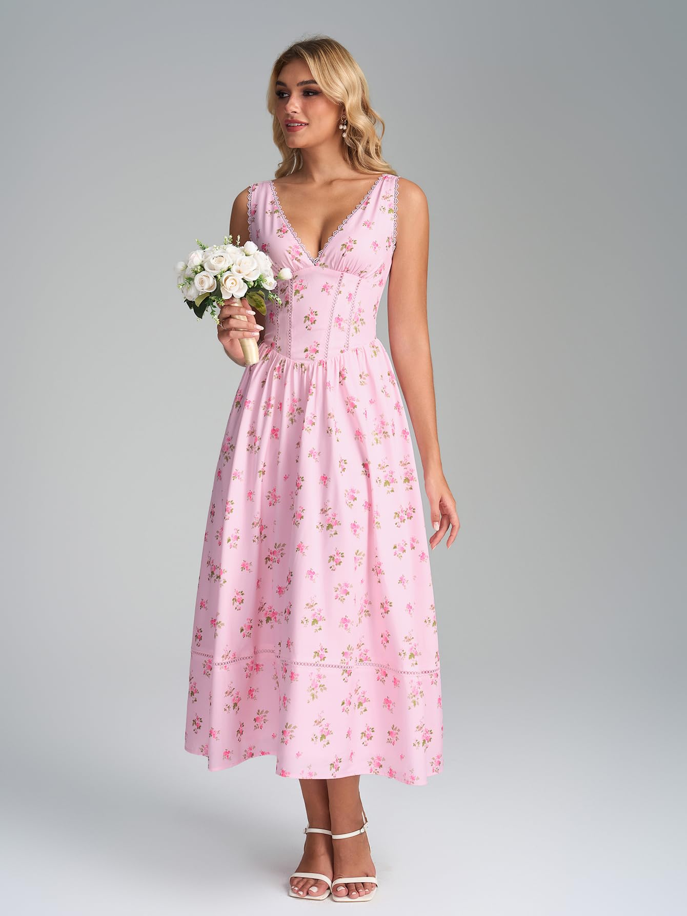 KUTUMAI Floral Corset Midi Dresses for Women 2026 Summer Spring V Neck Lace Up Flowy Wedding Guest Dress
