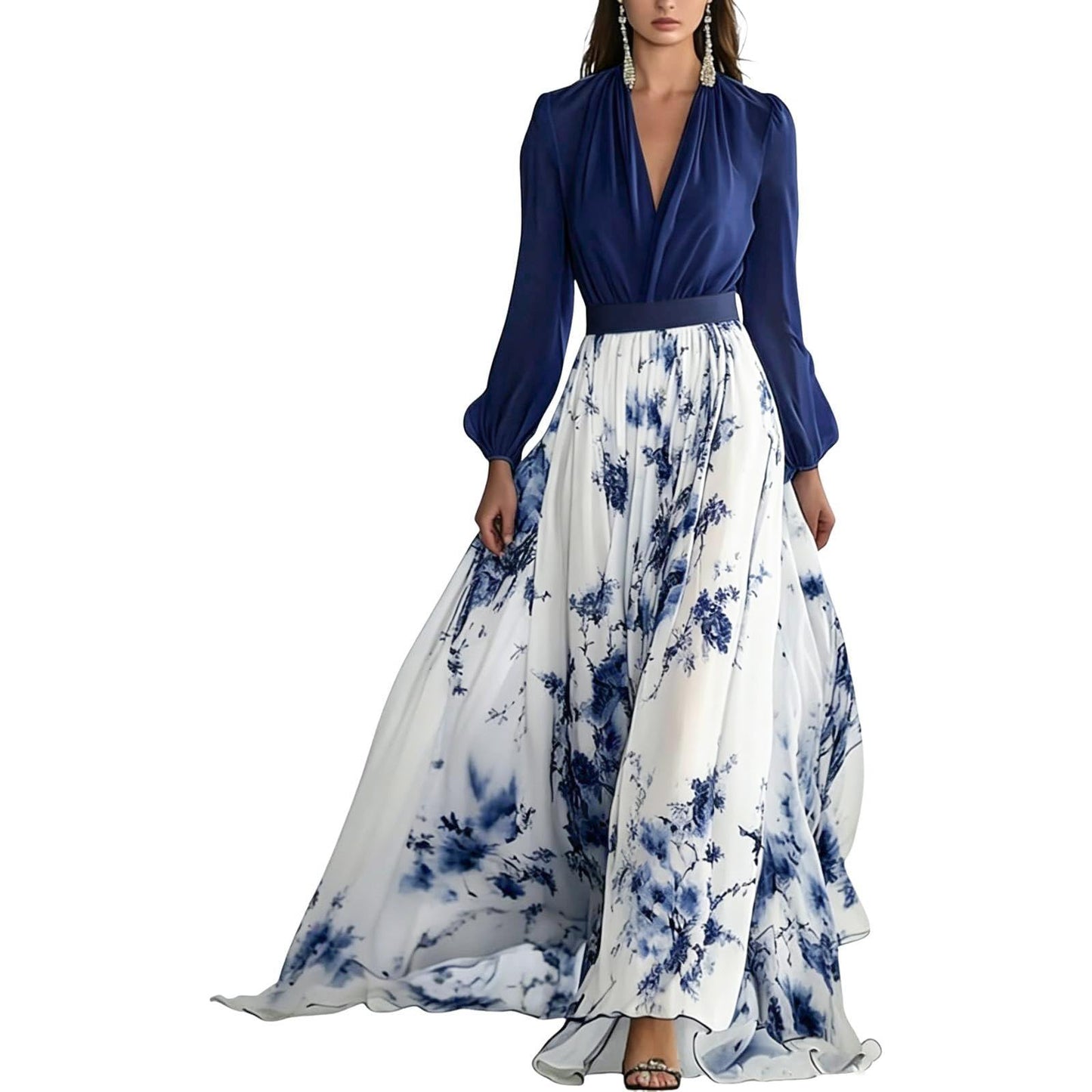 Women's Boho Floral Chiffon Maxi Dresses 2026 Summer Casual Long Sheer Sleeve Deep V Neck A-Line Beach Vacation Dress