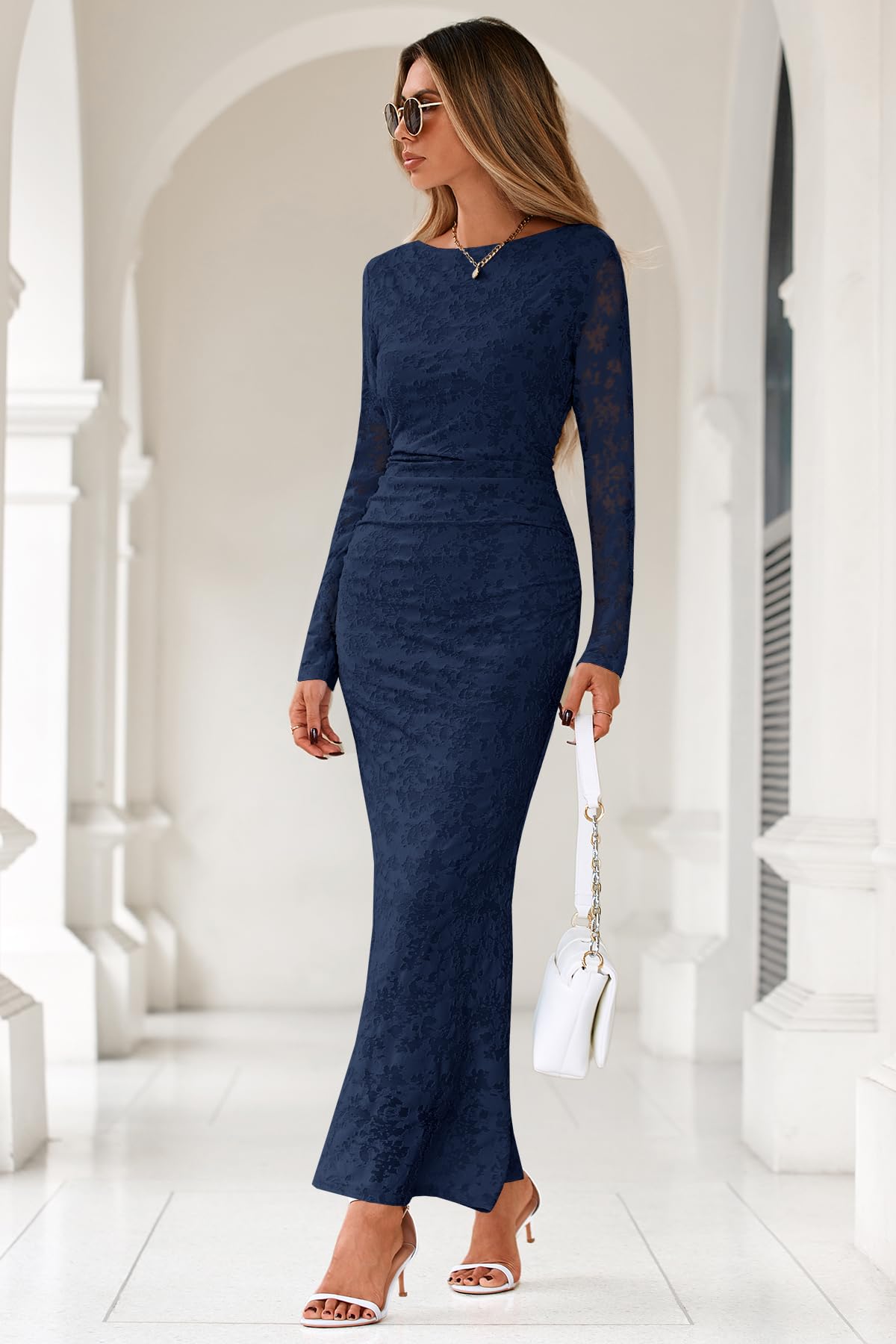MITILLY Women's Formal Long Sleeve Dress Fall Elegant Floral Bodycon Ruched Cocktail Party Maxi Dresses New