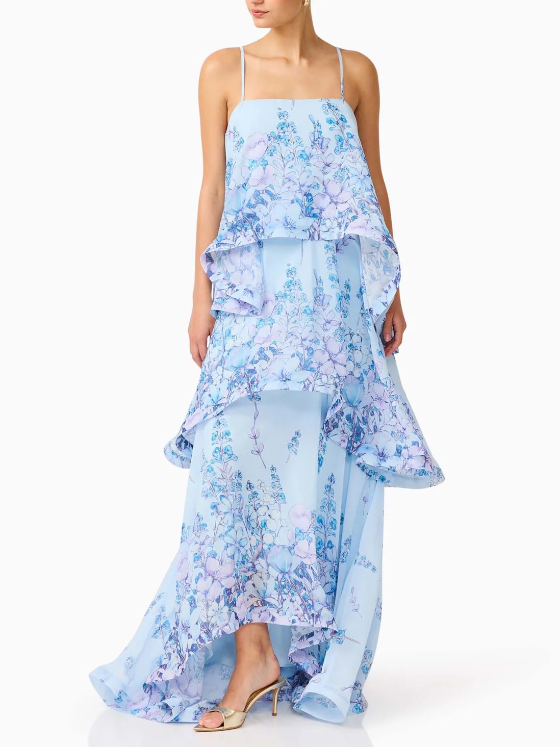 Women's Elegant Print Layered Ruffle Prom Dress Spaghetti Strap Backless Loose Chiffon Maxi Dress
