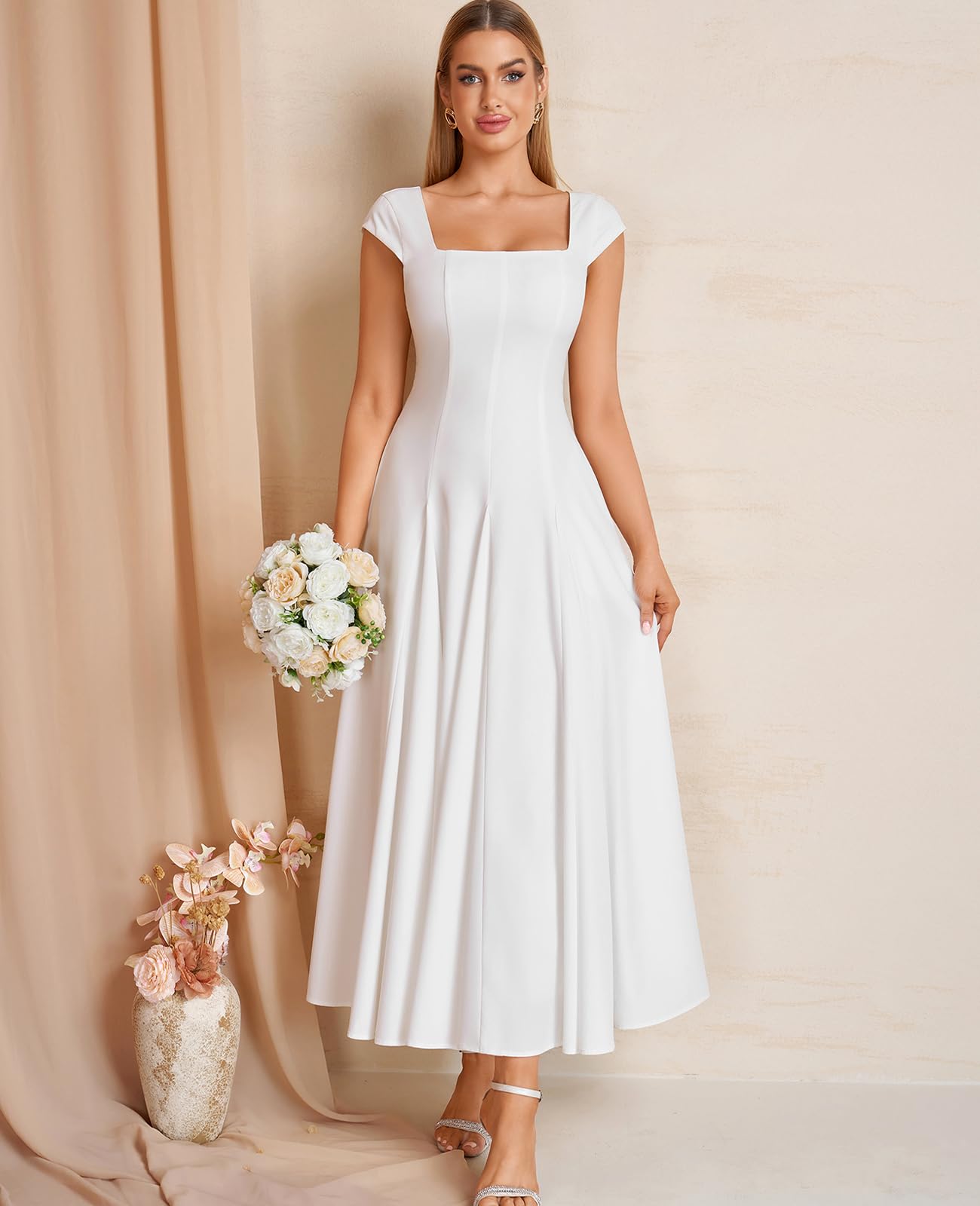 GLNEGE Women’s Corset Wedding Guest Maxi Dress Cap Sleeve Square Neck Lace Up A Line Flowy Formal Midi Dress with Pockets