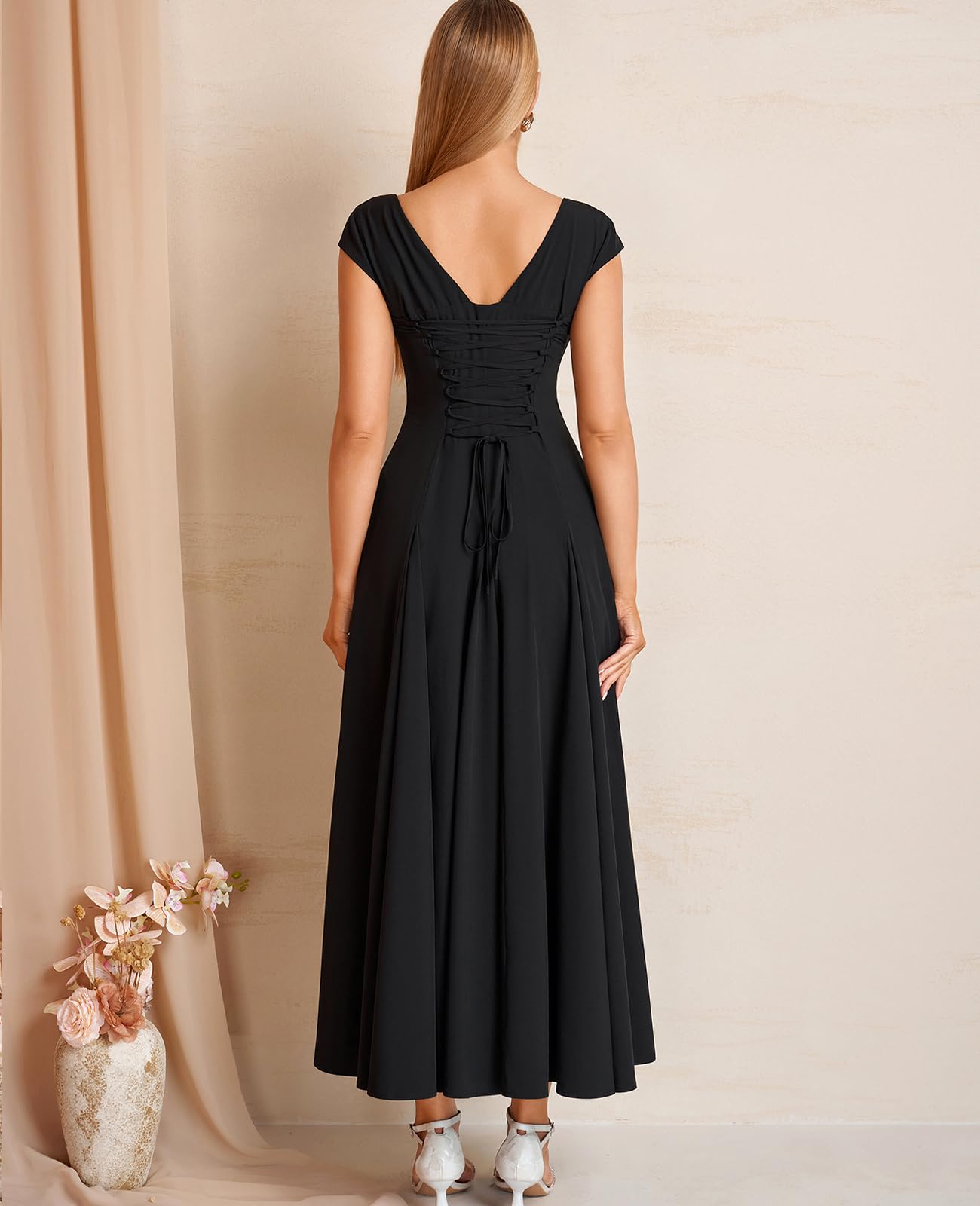 GLNEGE Women’s Corset Wedding Guest Maxi Dress Cap Sleeve Square Neck Lace Up A Line Flowy Formal Midi Dress with Pockets