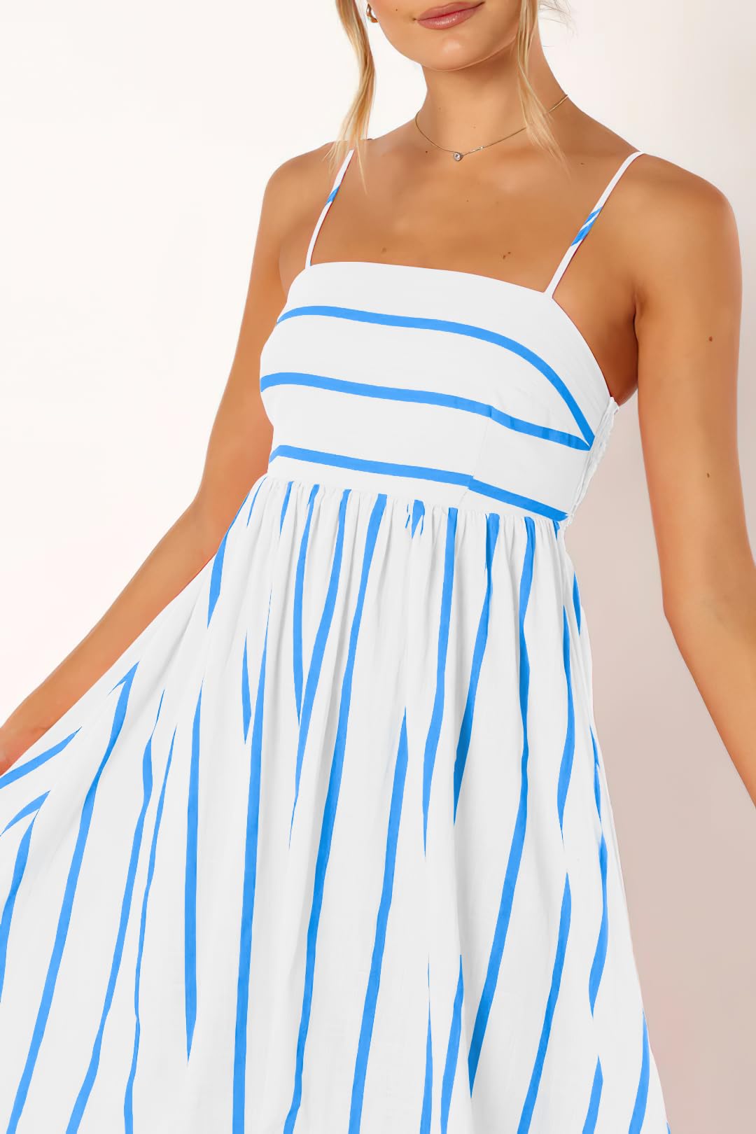 chouyatou Women's Striped Back Smocked Maxi Dress Sexy Spaghetti Strap Cut Out Flowy Swing Long Dress