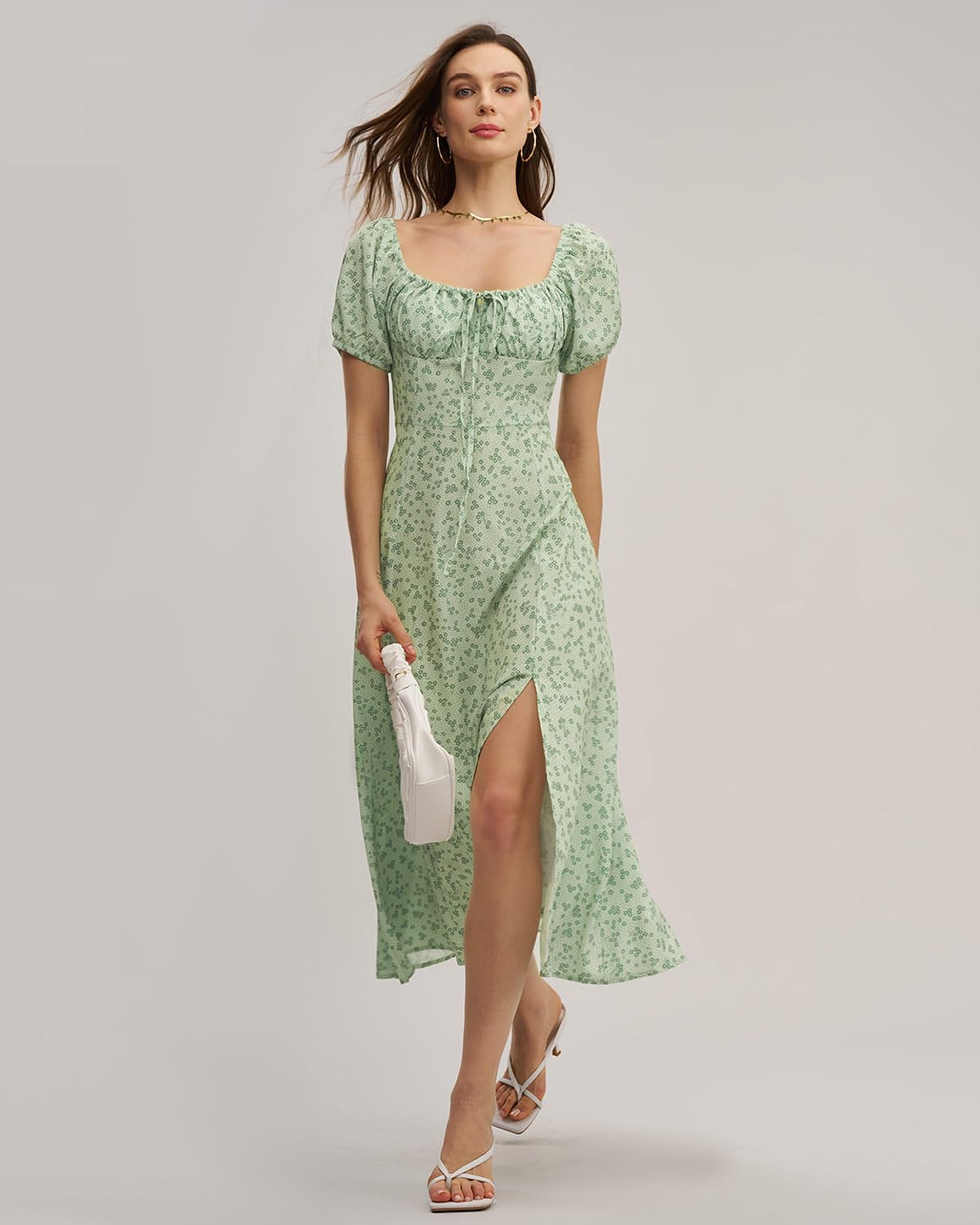 Women Summer Dresses Vintage Square Neck Adjustable Bust Floral Dress Short Puff A-Line Midi Dresses Sleeve