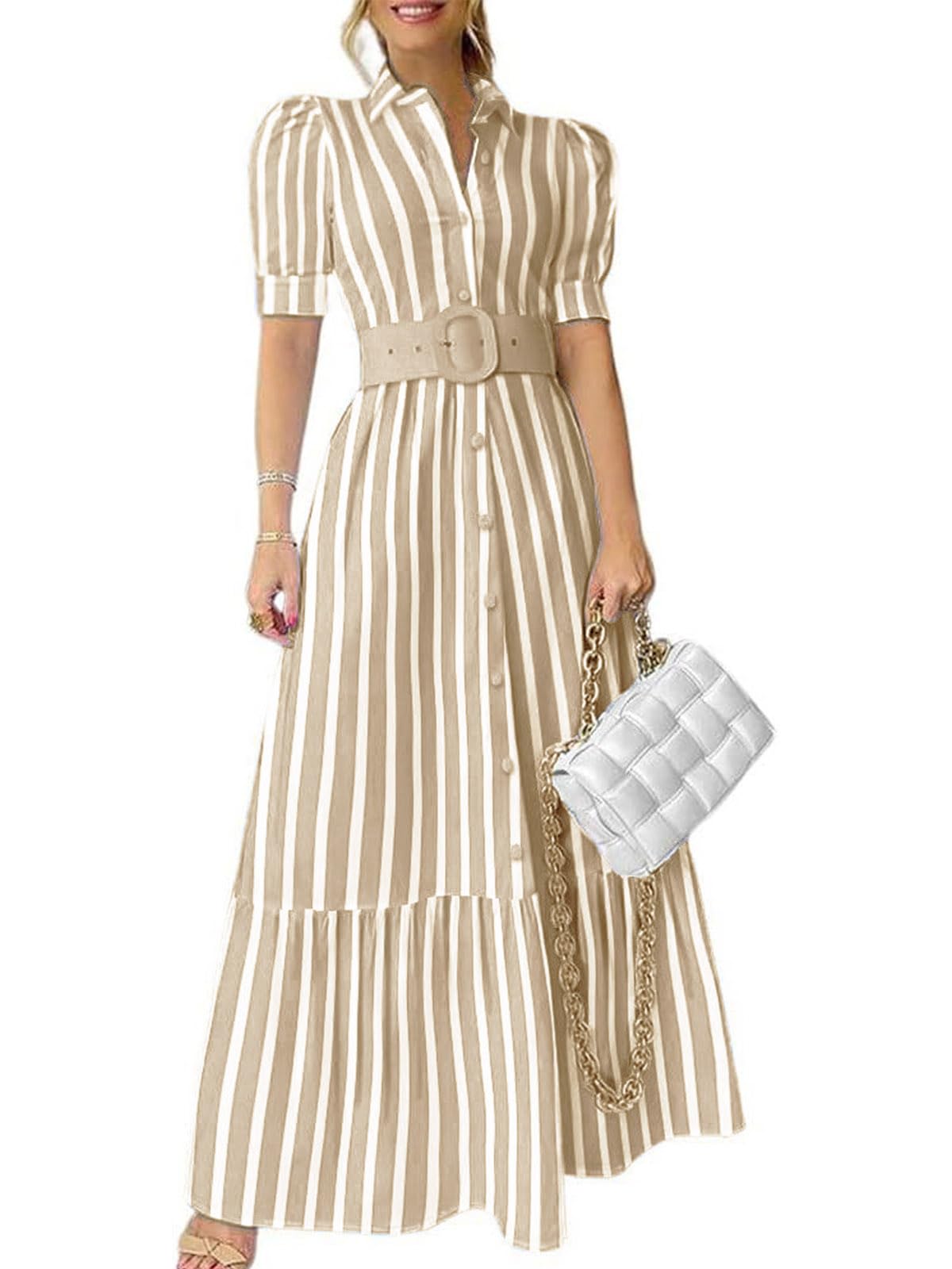 utcoco Womens Striped Button Down Shirt Dress Casual Puff Short Sleeve Ruffle Hem Maxi Dresses with Belt