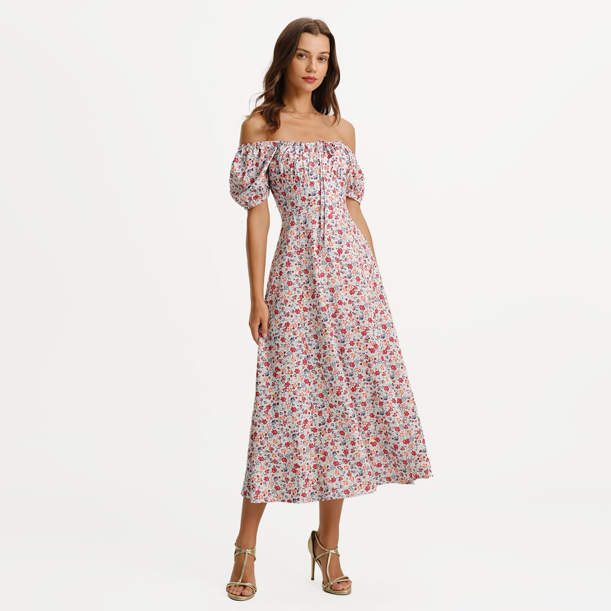 Women Summer Dresses Vintage Square Neck Adjustable Bust Floral Dress Short Puff A-Line Midi Dresses Sleeve