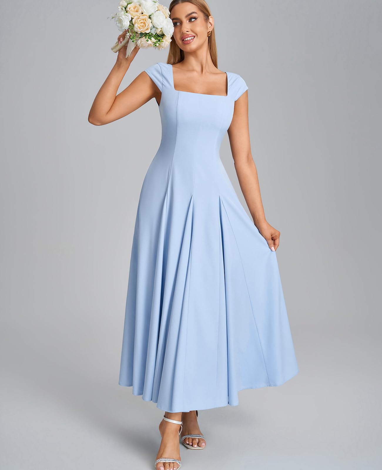 GLNEGE Women’s Corset Wedding Guest Maxi Dress Cap Sleeve Square Neck Lace Up A Line Flowy Formal Midi Dress with Pockets