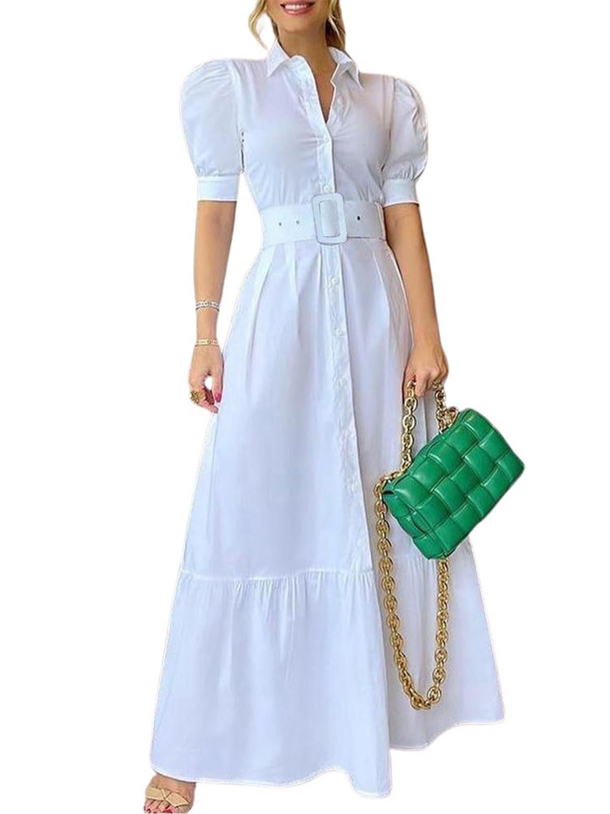 utcoco Womens Striped Button Down Shirt Dress Casual Puff Short Sleeve Ruffle Hem Maxi Dresses with Belt