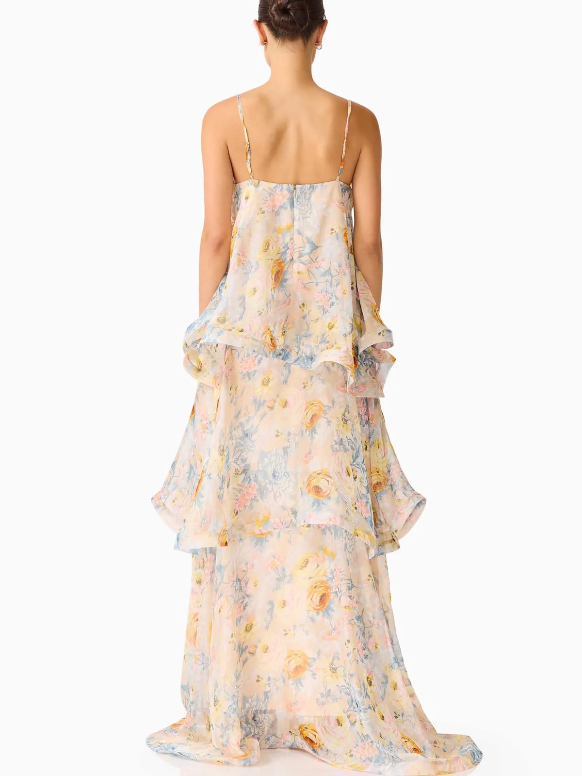 Women's Elegant Print Layered Ruffle Prom Dress Spaghetti Strap Backless Loose Chiffon Maxi Dress