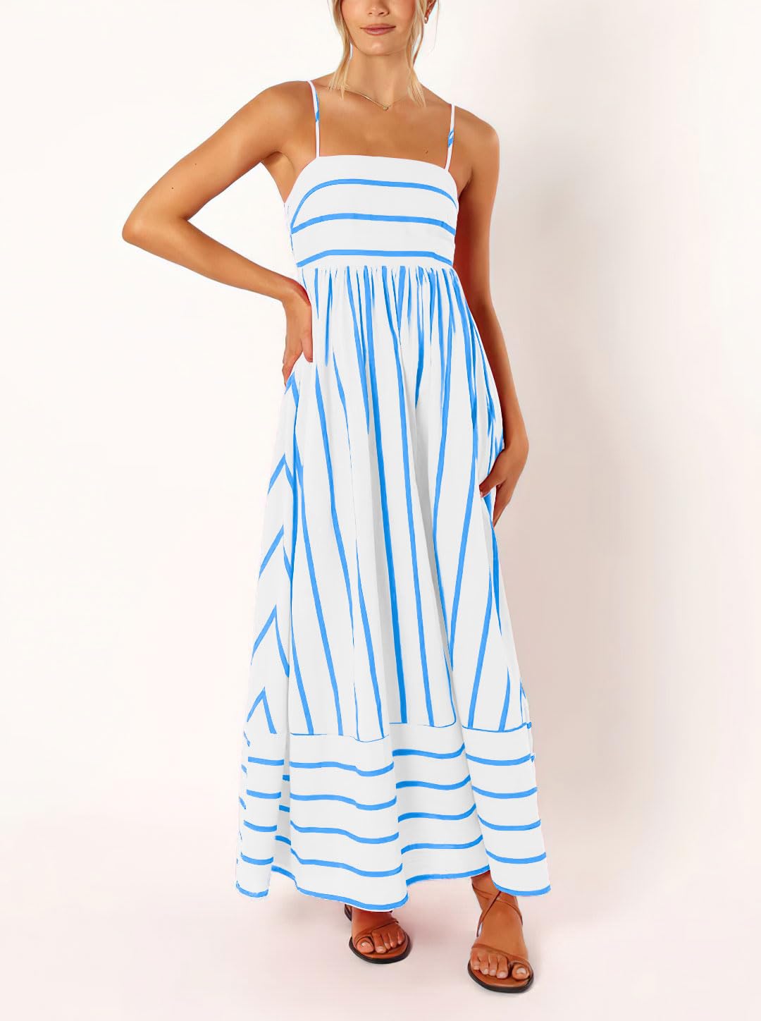 chouyatou Women's Striped Back Smocked Maxi Dress Sexy Spaghetti Strap Cut Out Flowy Swing Long Dress