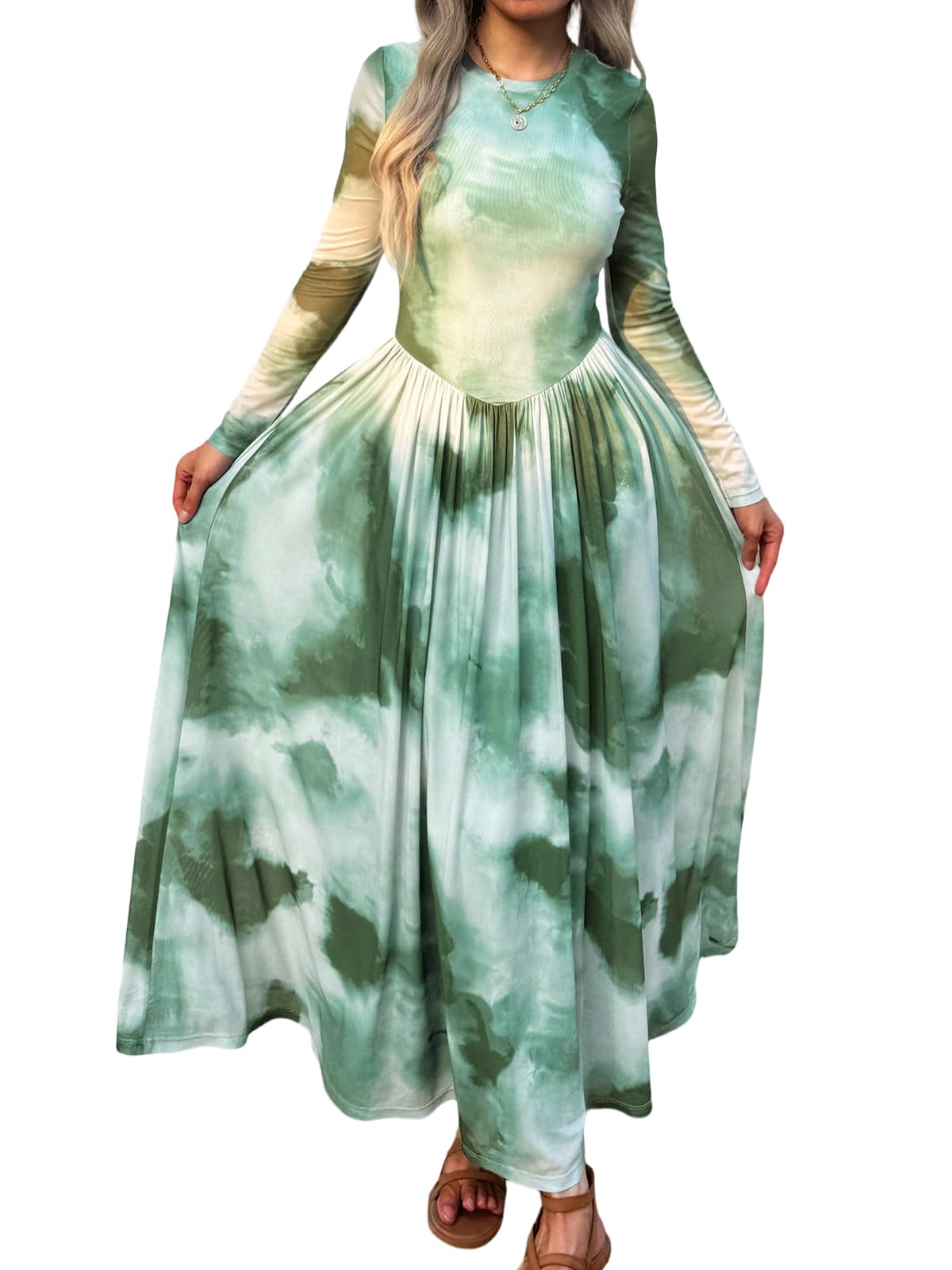 Women's Maxi Dress 2026 Spring Long Sleeve Crewneck Mesh Floral Dress Drop Waist Party Wedding Guest Dresses