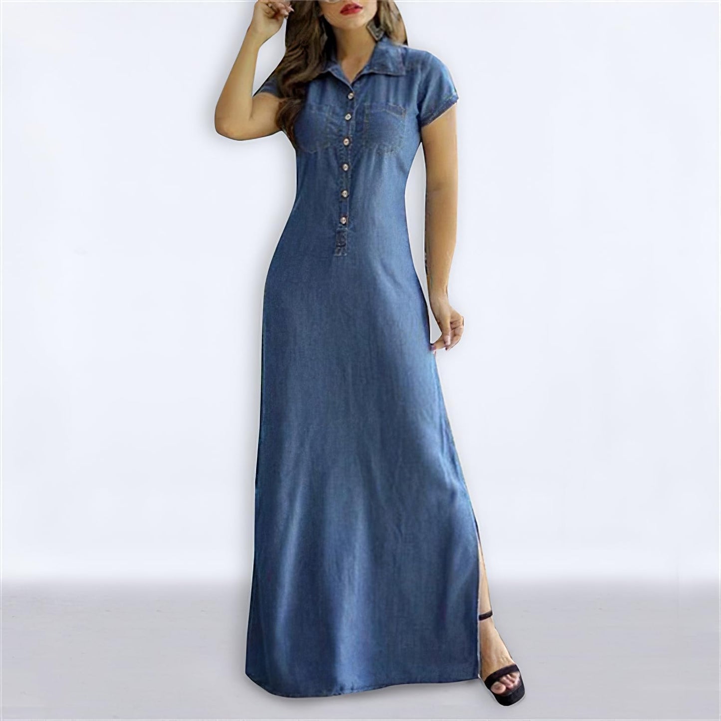Summer Loose Hand Pocket Midi Long Tunic Denim Shirt Dress for Women Casual Button Front Maxi Shirt Dress
