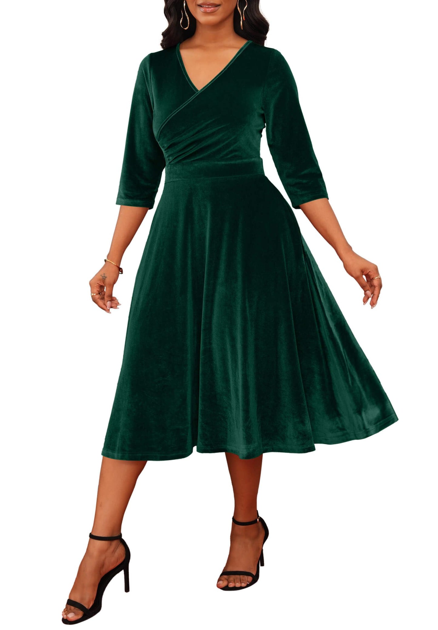 Nmoder Women's Casual Wrap Flared Midi Dress Wedding Guest Cocktail Tea Dresses A-Line Swing V-Neck 3/4 Sleeve