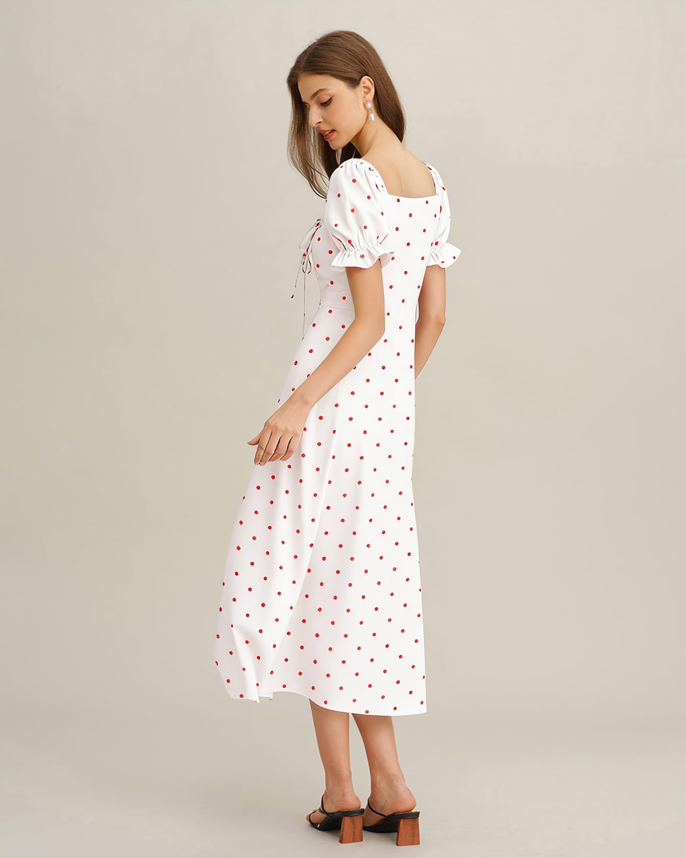 Women Summer Dresses Vintage Square Neck Adjustable Bust Floral Dress Short Puff A-Line Midi Dresses Sleeve