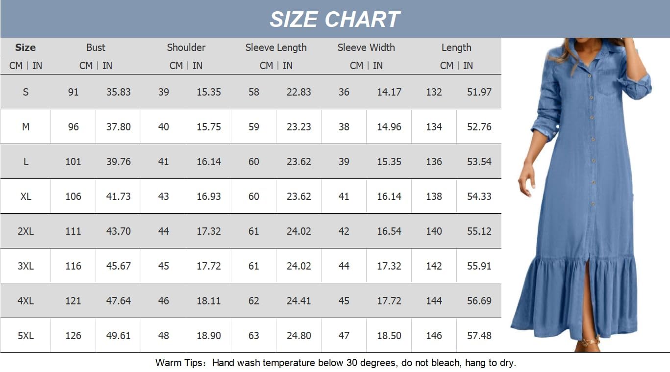 Summer Loose Hand Pocket Midi Long Tunic Denim Shirt Dress for Women Casual Button Front Maxi Shirt Dress