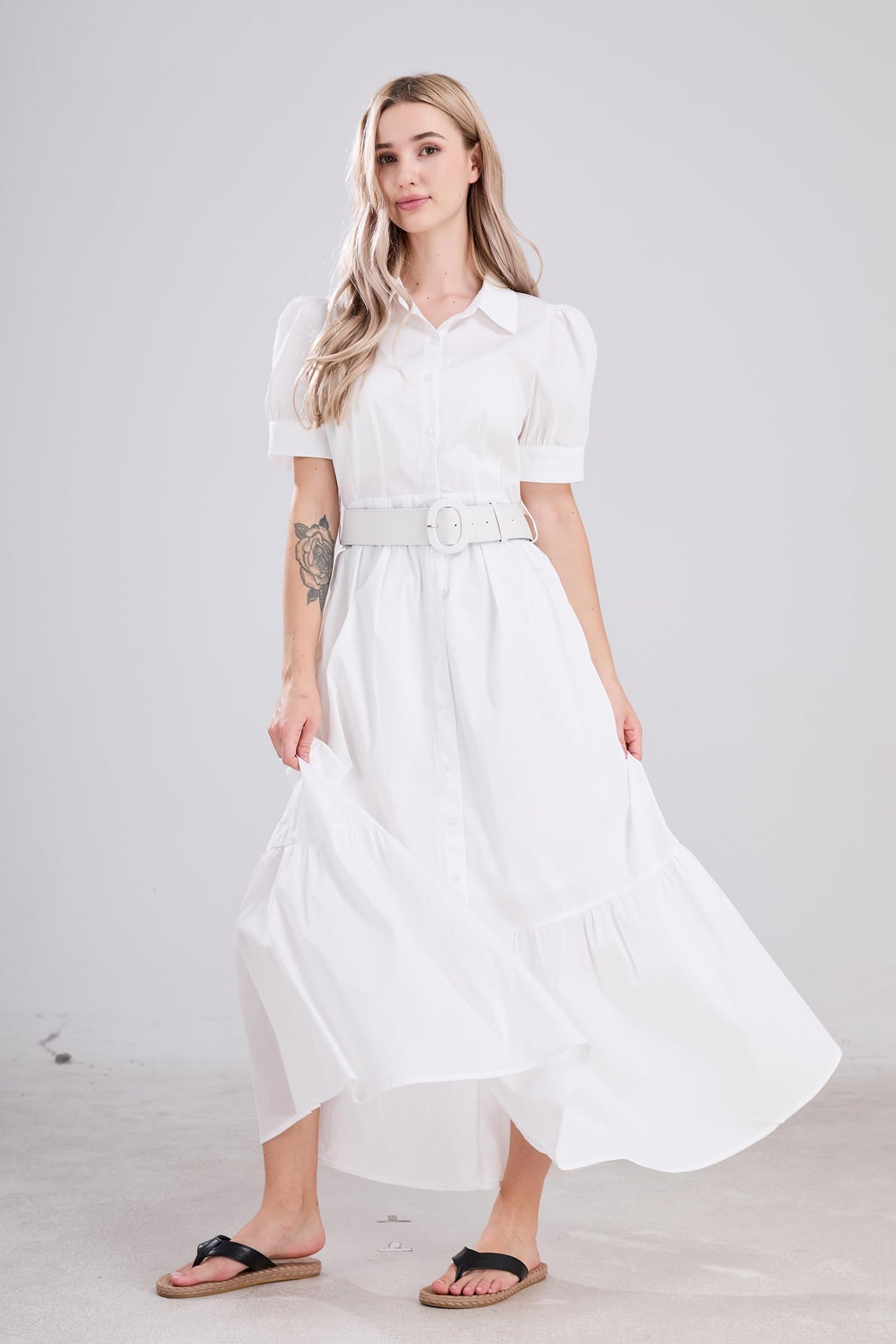 utcoco Womens Striped Button Down Shirt Dress Casual Puff Short Sleeve Ruffle Hem Maxi Dresses with Belt