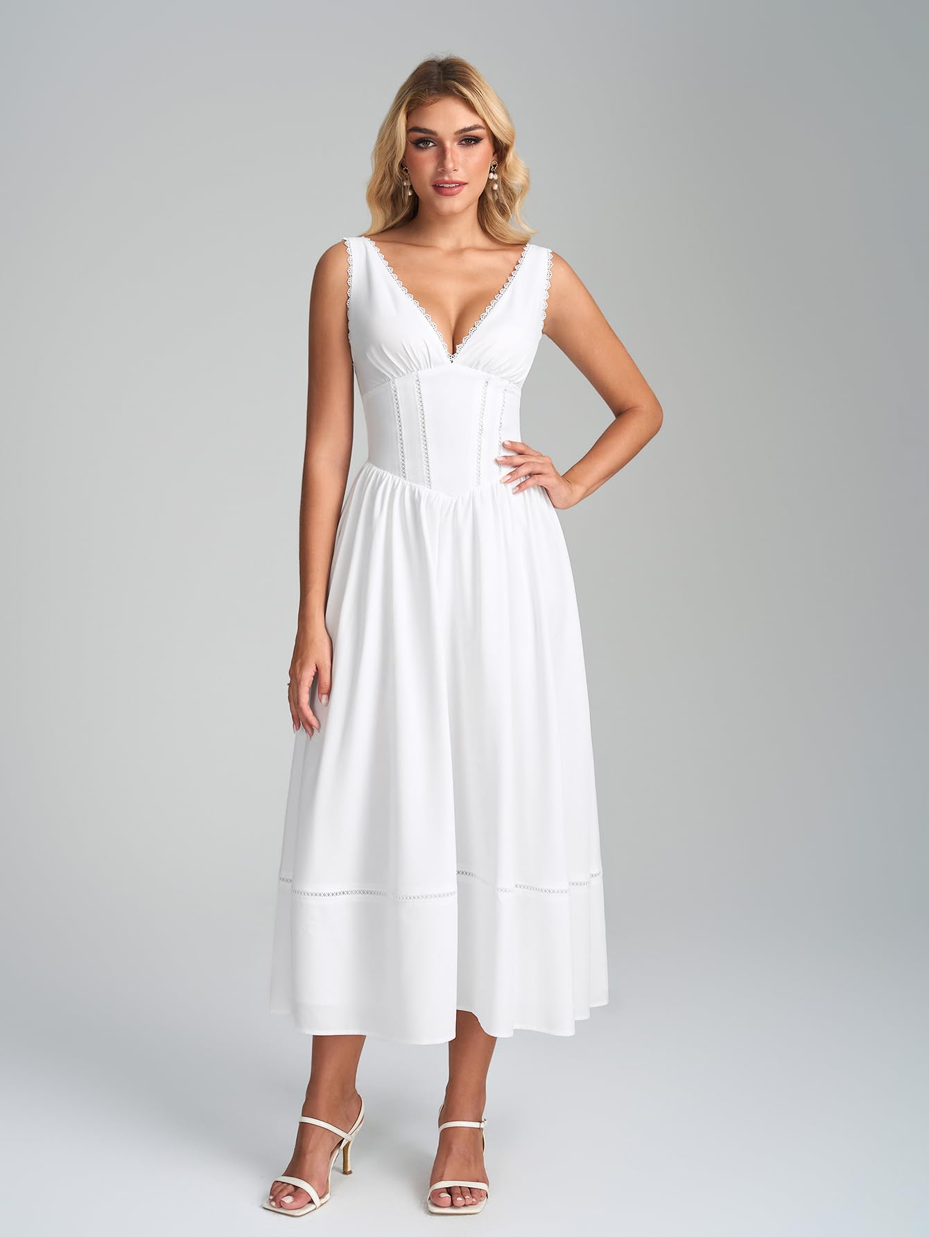 KUTUMAI Floral Corset Midi Dresses for Women 2026 Summer Spring V Neck Lace Up Flowy Wedding Guest Dress