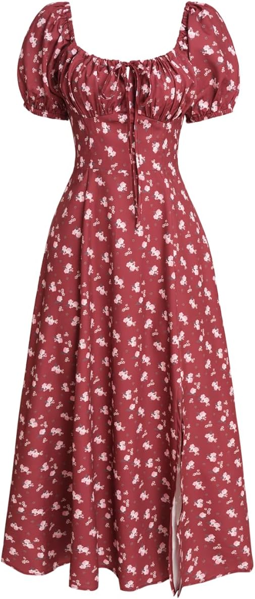 Women Summer Dresses Vintage Square Neck Adjustable Bust Floral Dress Short Puff A-Line Midi Dresses Sleeve