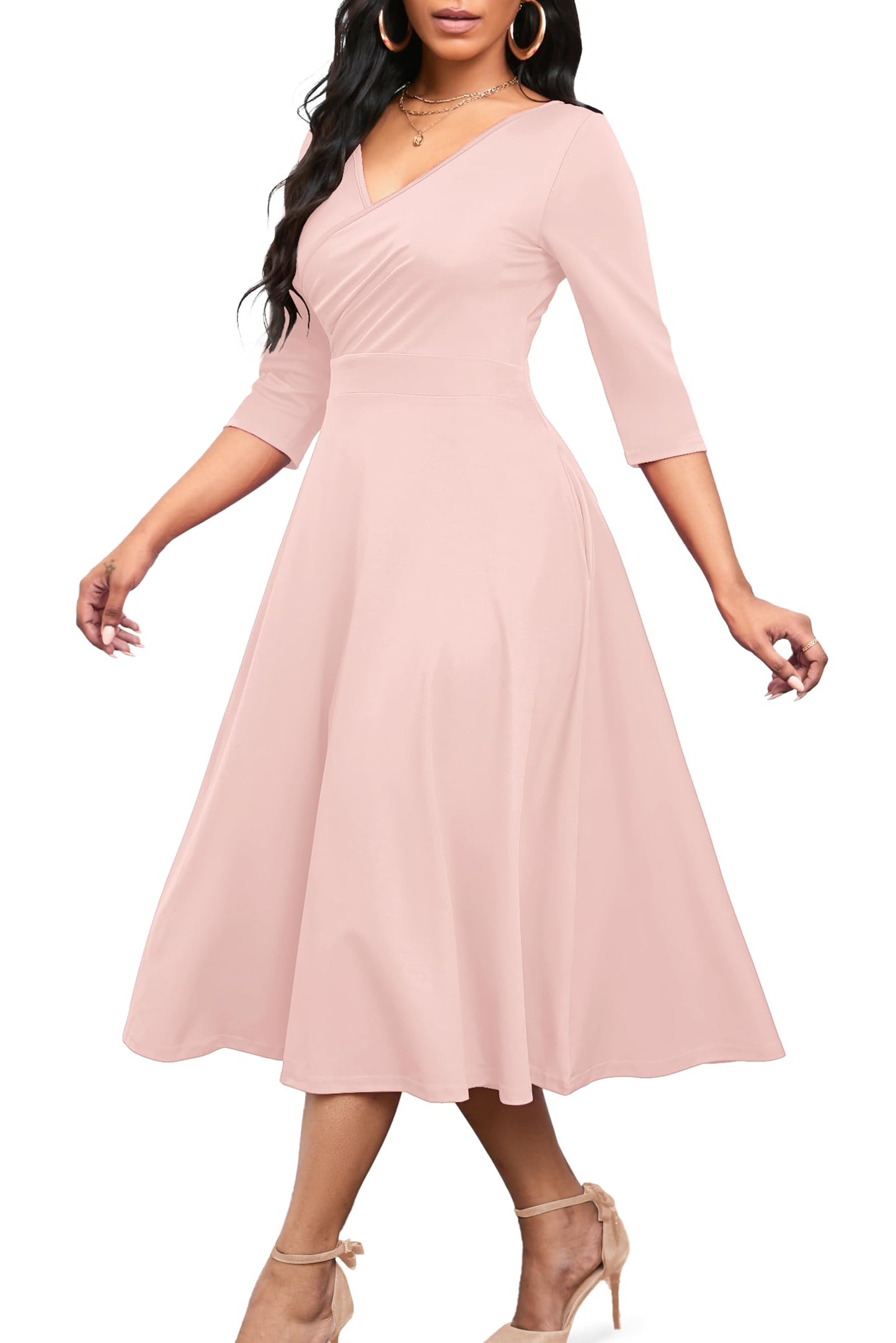 Nmoder Women's Casual Wrap Flared Midi Dress Wedding Guest Cocktail Tea Dresses A-Line Swing V-Neck 3/4 Sleeve