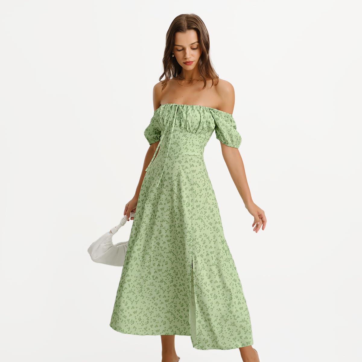 Women Summer Dresses Vintage Square Neck Adjustable Bust Floral Dress Short Puff A-Line Midi Dresses Sleeve