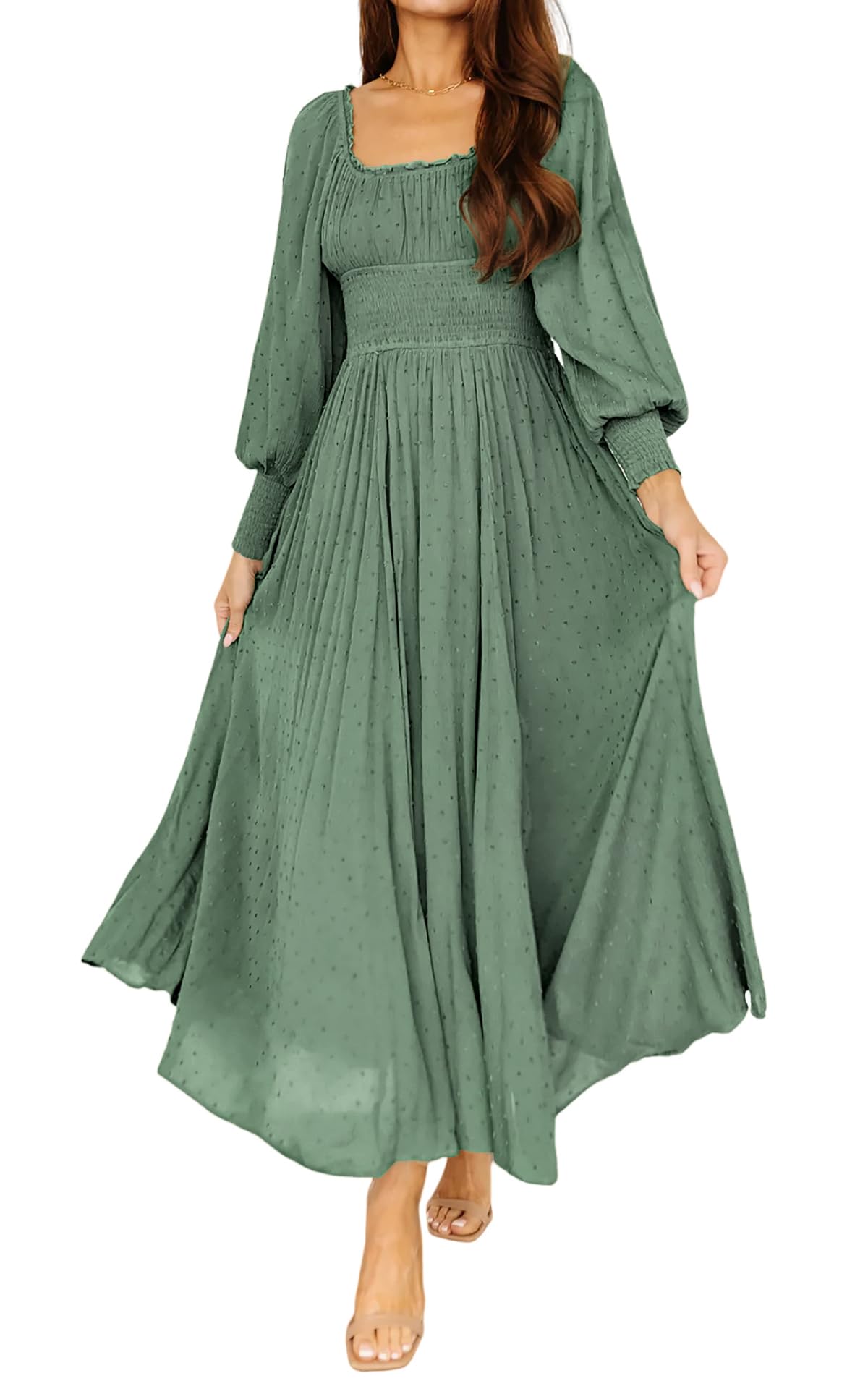 R.Vivimos Women's Puff Long Sleeve Maxi Dress Square Neck Elastic Empire Waist Swiss Dots Casual Flowy A-Line Long Dresses