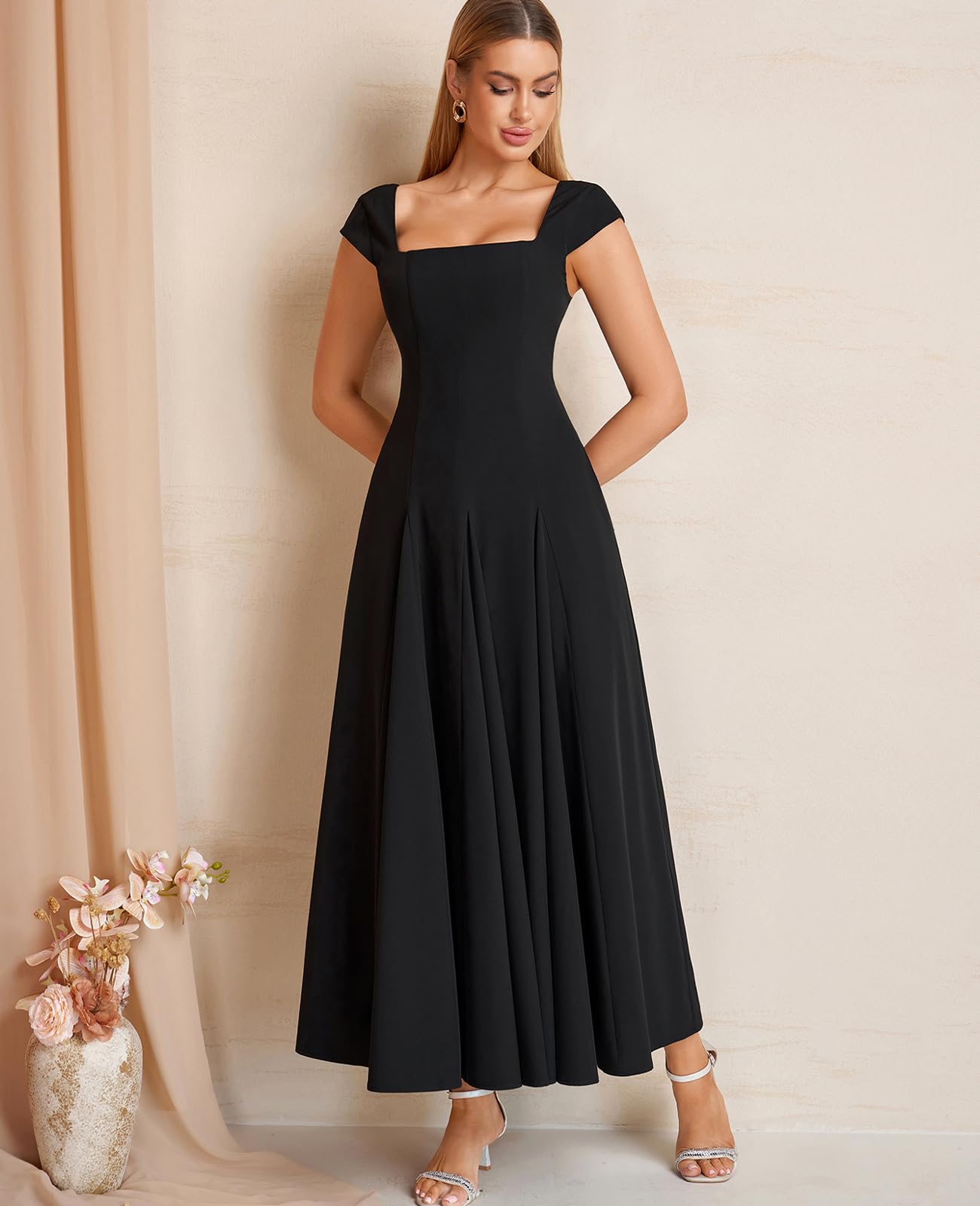 GLNEGE Women’s Corset Wedding Guest Maxi Dress Cap Sleeve Square Neck Lace Up A Line Flowy Formal Midi Dress with Pockets