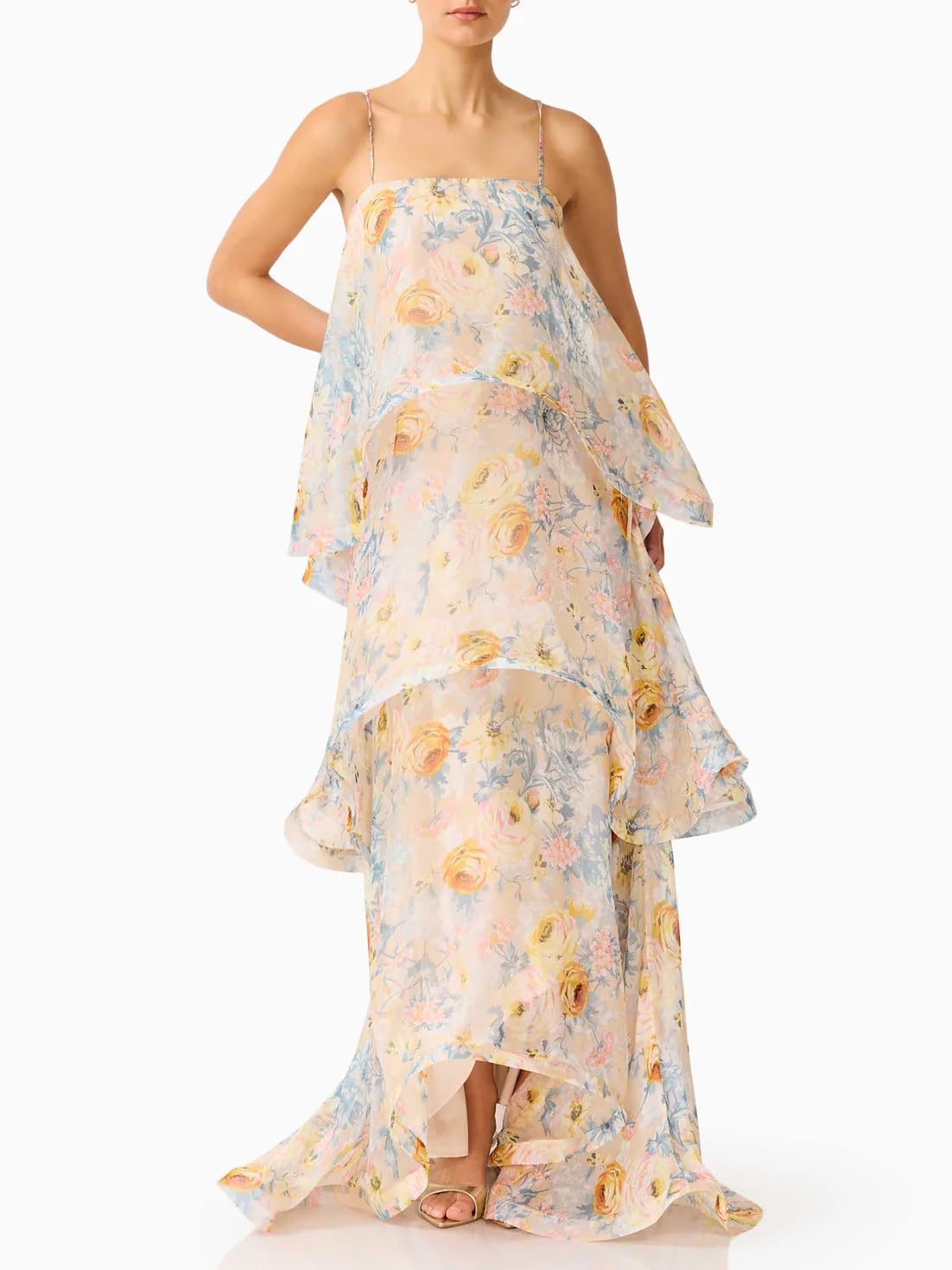 Women's Elegant Print Layered Ruffle Prom Dress Spaghetti Strap Backless Loose Chiffon Maxi Dress