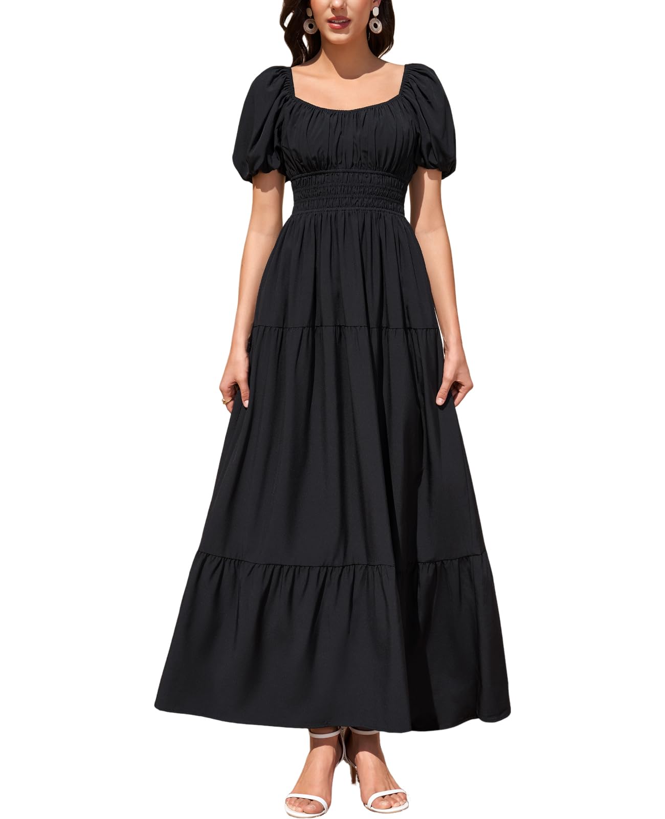 Women Puff Sleeve Wedding Guest Maxi Dress Floral Flowy A Line Tiered Beach Long Dresses