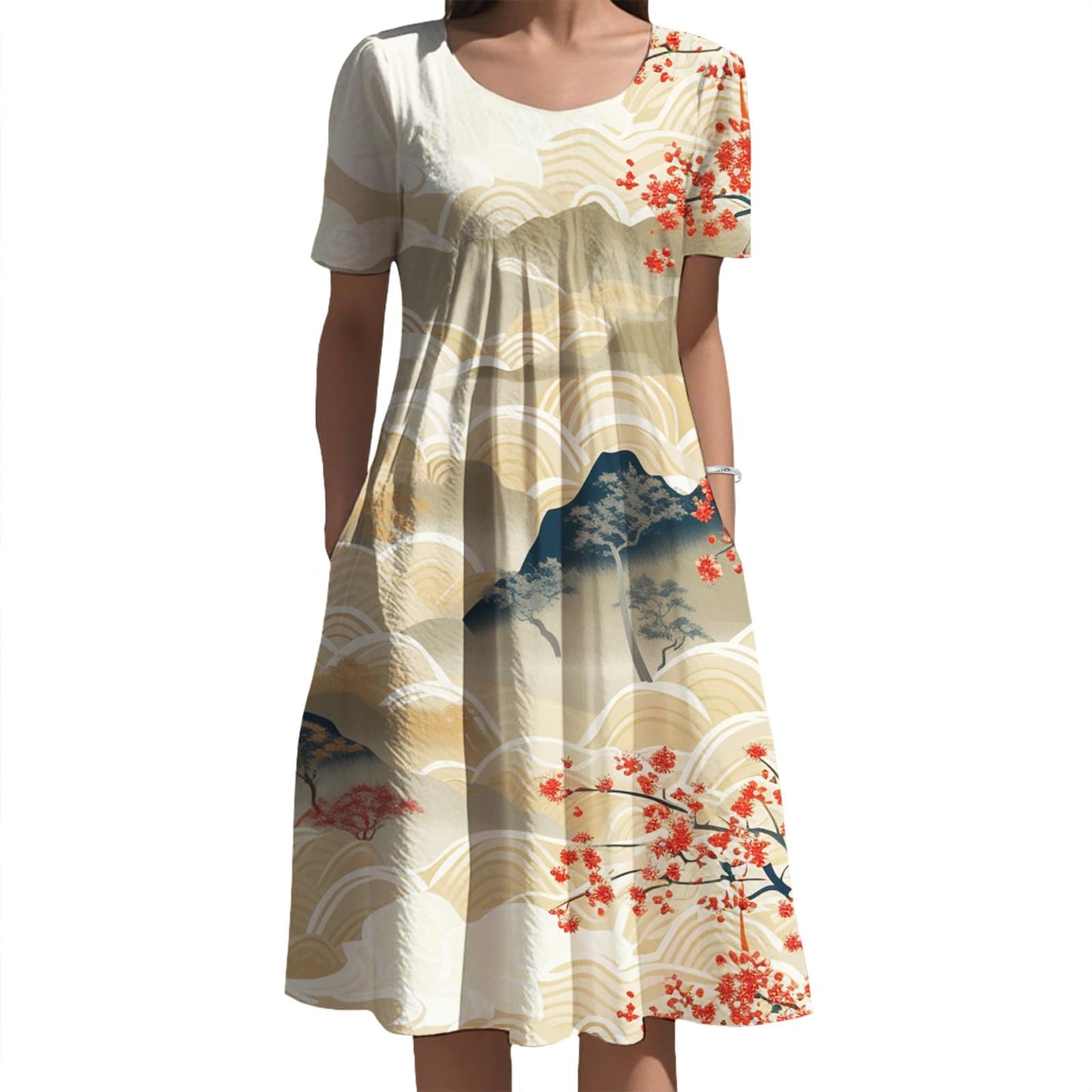 Oriental Ink Floral Midi Dress Gradient Tone for Women Elegant Daily Vacation Outfit with Side Pockets and Style
