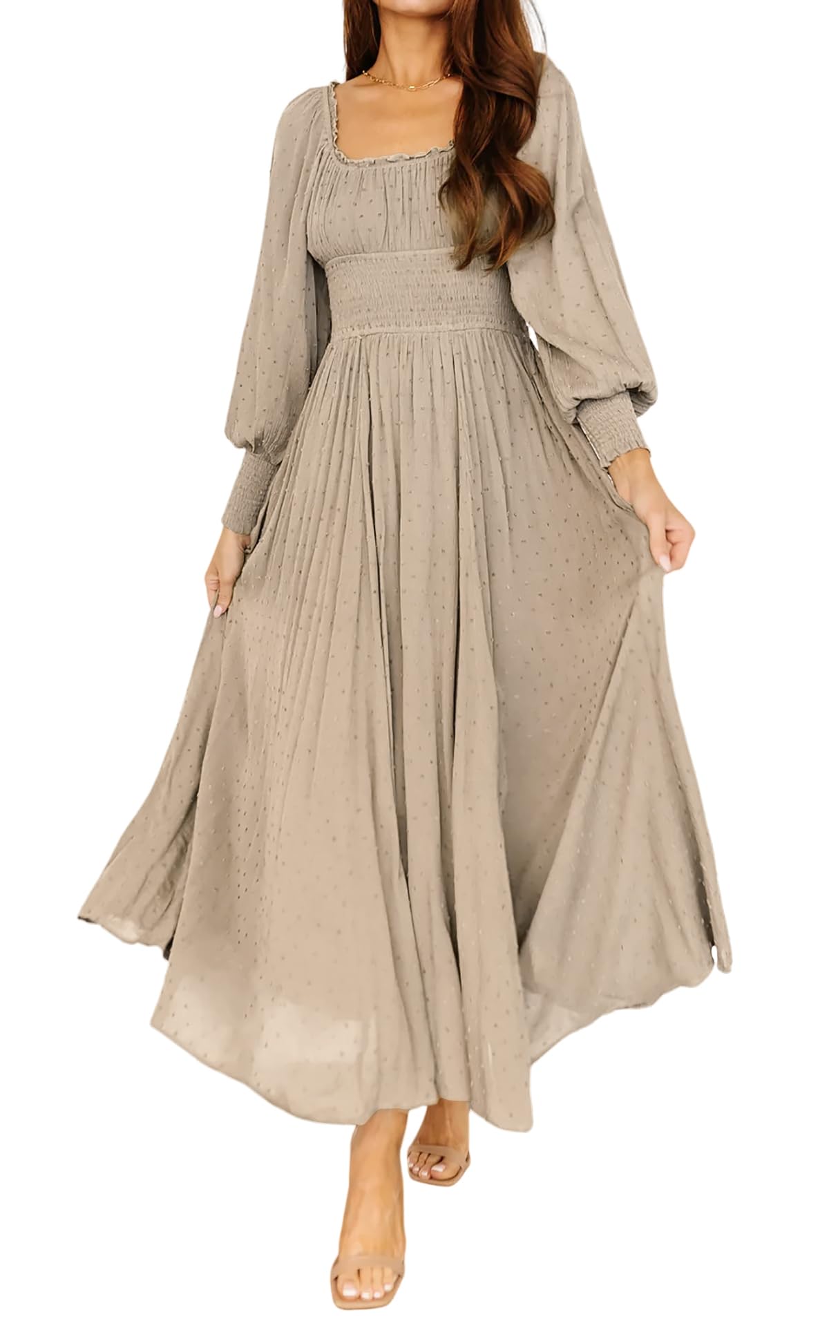 R.Vivimos Women's Puff Long Sleeve Maxi Dress Square Neck Elastic Empire Waist Swiss Dots Casual Flowy A-Line Long Dresses
