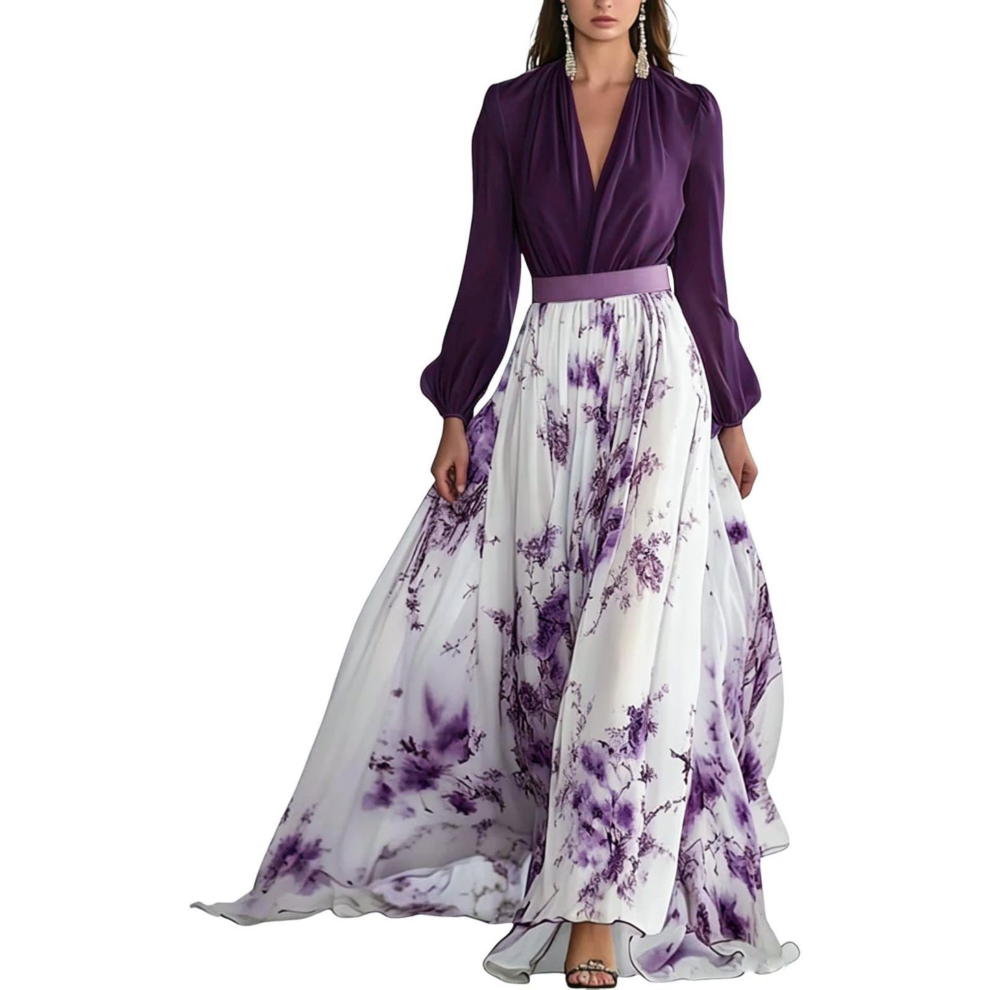 Women's Boho Floral Chiffon Maxi Dresses 2026 Summer Casual Long Sheer Sleeve Deep V Neck A-Line Beach Vacation Dress