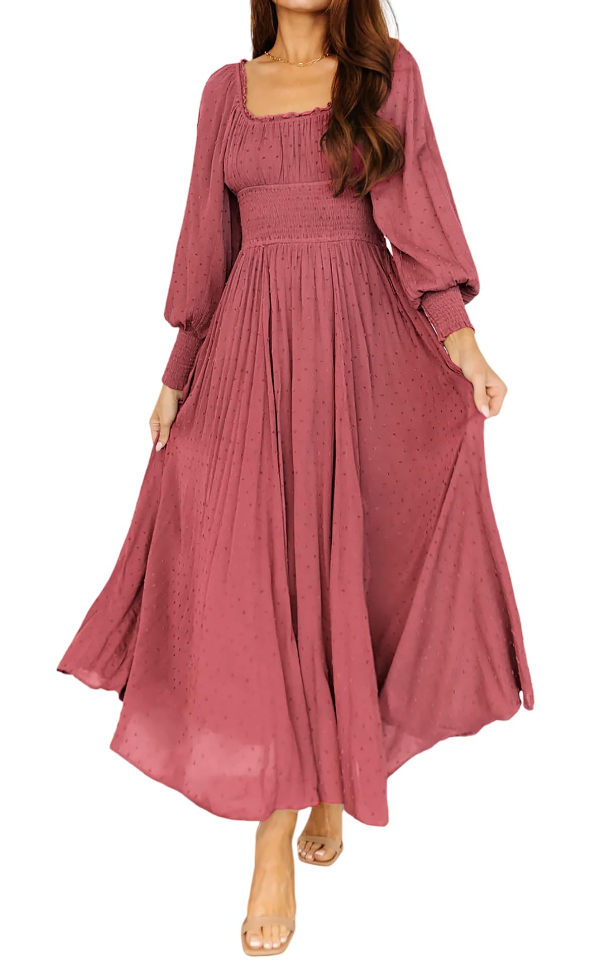 R.Vivimos Women's Puff Long Sleeve Maxi Dress Square Neck Elastic Empire Waist Swiss Dots Casual Flowy A-Line Long Dresses
