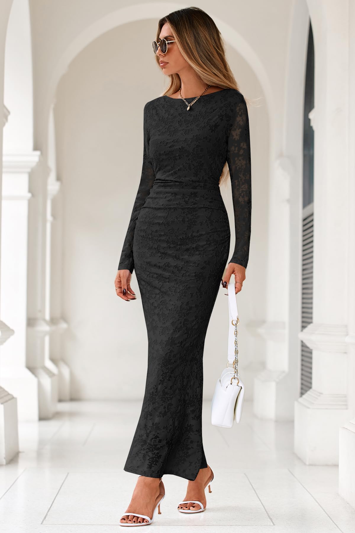 MITILLY Women's Formal Long Sleeve Dress Fall Elegant Floral Bodycon Ruched Cocktail Party Maxi Dresses New