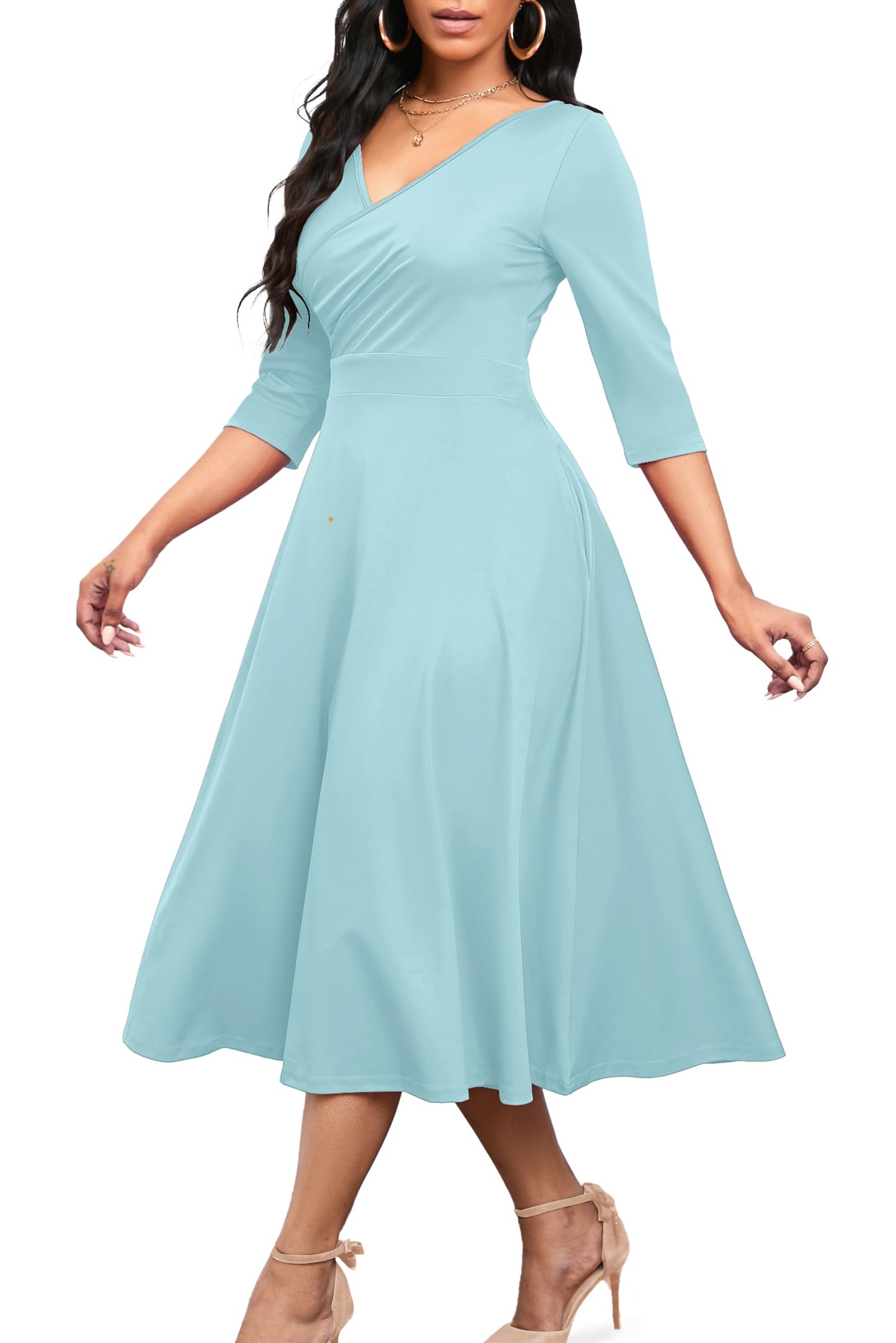 Nmoder Women's Casual Wrap Flared Midi Dress Wedding Guest Cocktail Tea Dresses A-Line Swing V-Neck 3/4 Sleeve
