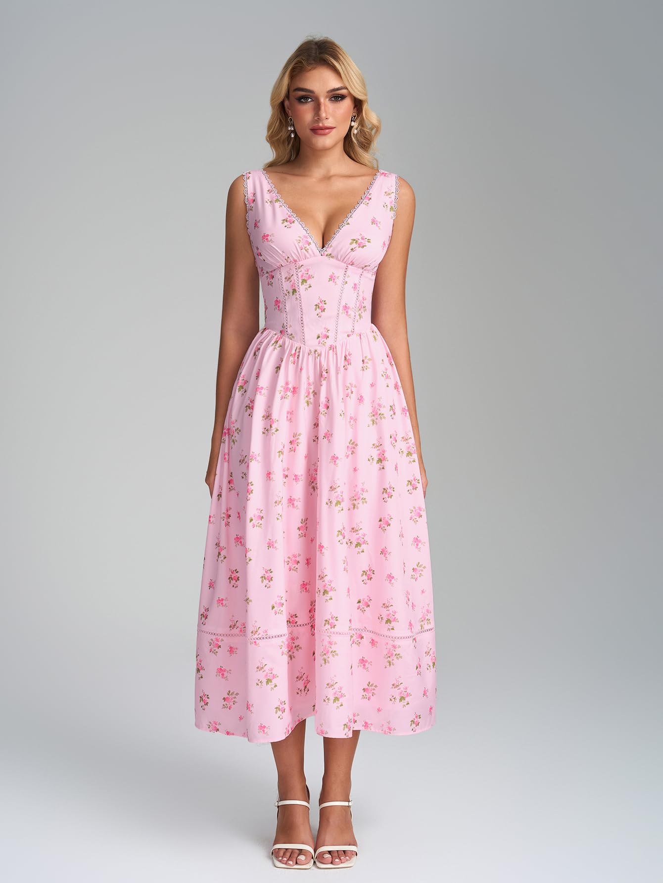 KUTUMAI Floral Corset Midi Dresses for Women 2026 Summer Spring V Neck Lace Up Flowy Wedding Guest Dress