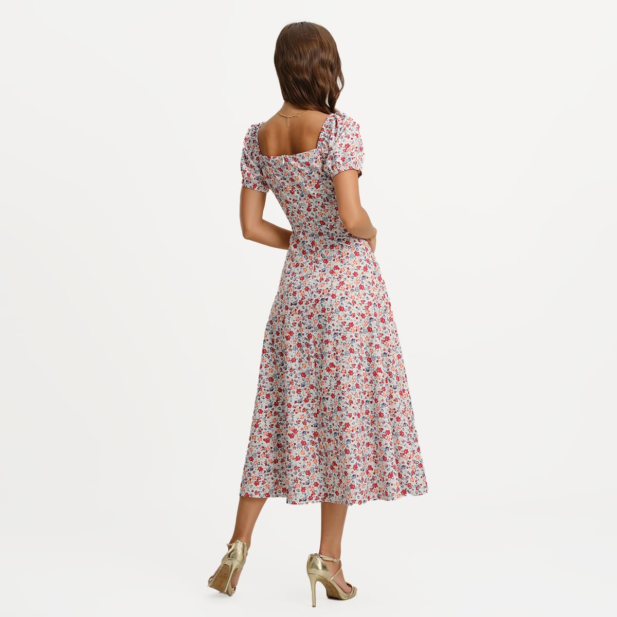 Women Summer Dresses Vintage Square Neck Adjustable Bust Floral Dress Short Puff A-Line Midi Dresses Sleeve