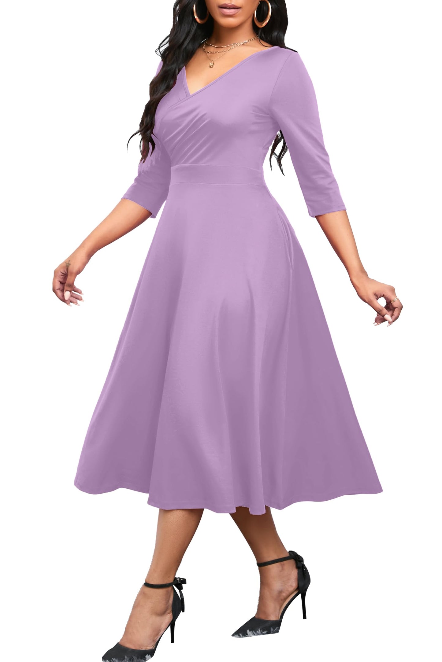 Nmoder Women's Casual Wrap Flared Midi Dress Wedding Guest Cocktail Tea Dresses A-Line Swing V-Neck 3/4 Sleeve