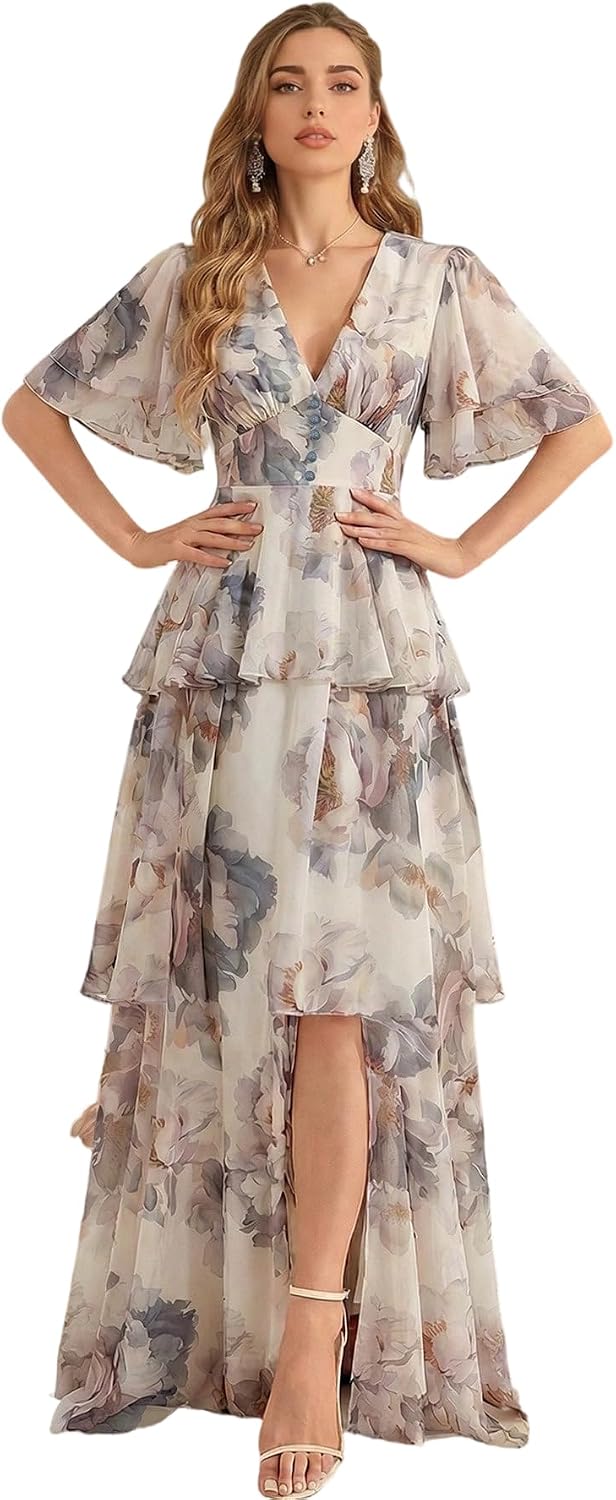 TOLEEN Summer Casual Dresses for Women 2024 Spring Fashion Boho V Neck Long Sleeve Ruffle Floral Print Elegant Maxi Dress