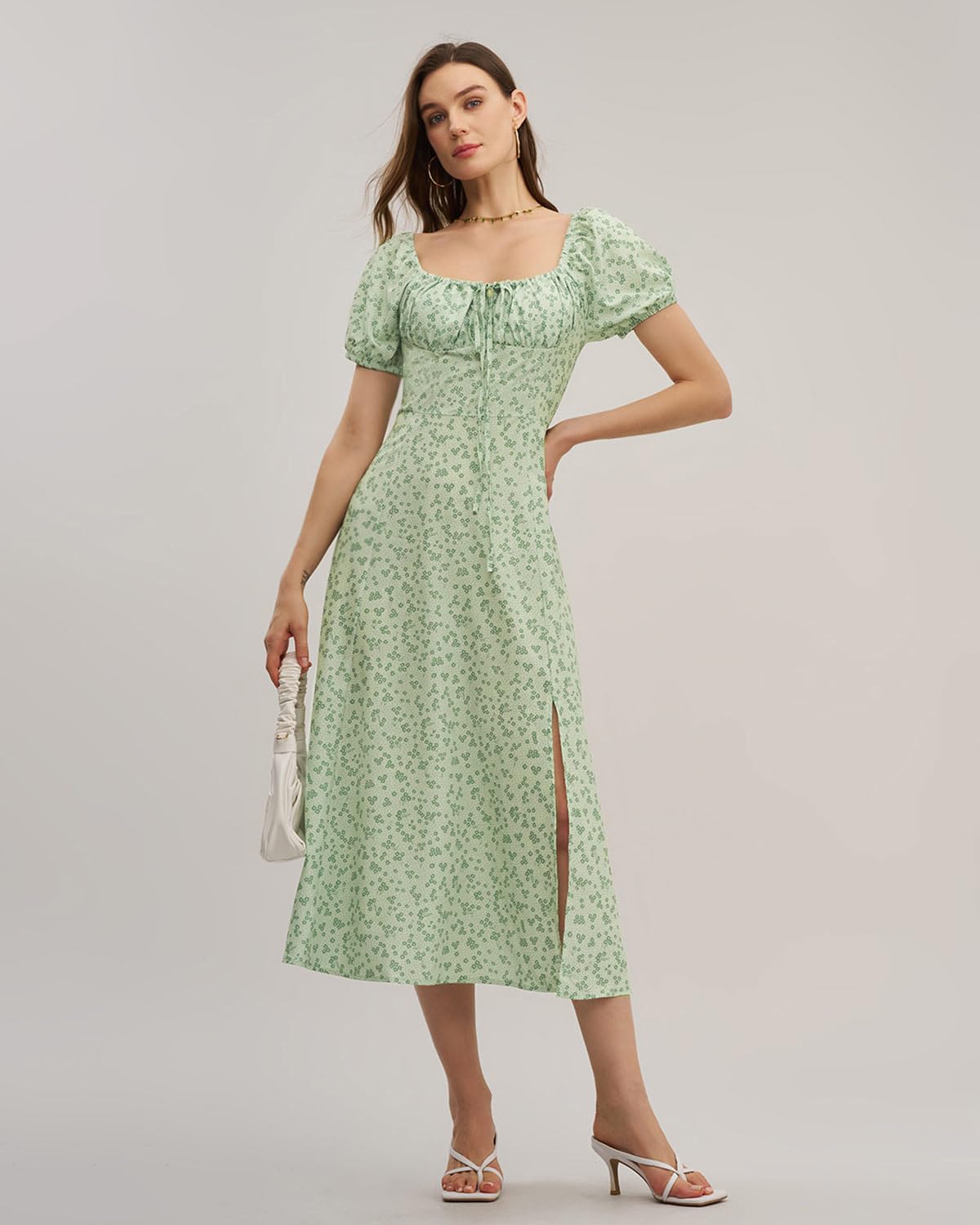 Women Summer Dresses Vintage Square Neck Adjustable Bust Floral Dress Short Puff A-Line Midi Dresses Sleeve