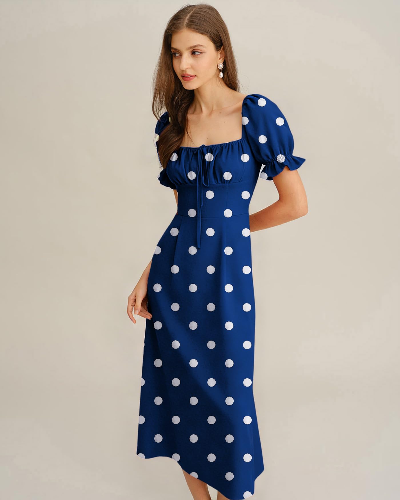 Women Summer Dresses Vintage Square Neck Adjustable Bust Floral Dress Short Puff A-Line Midi Dresses Sleeve