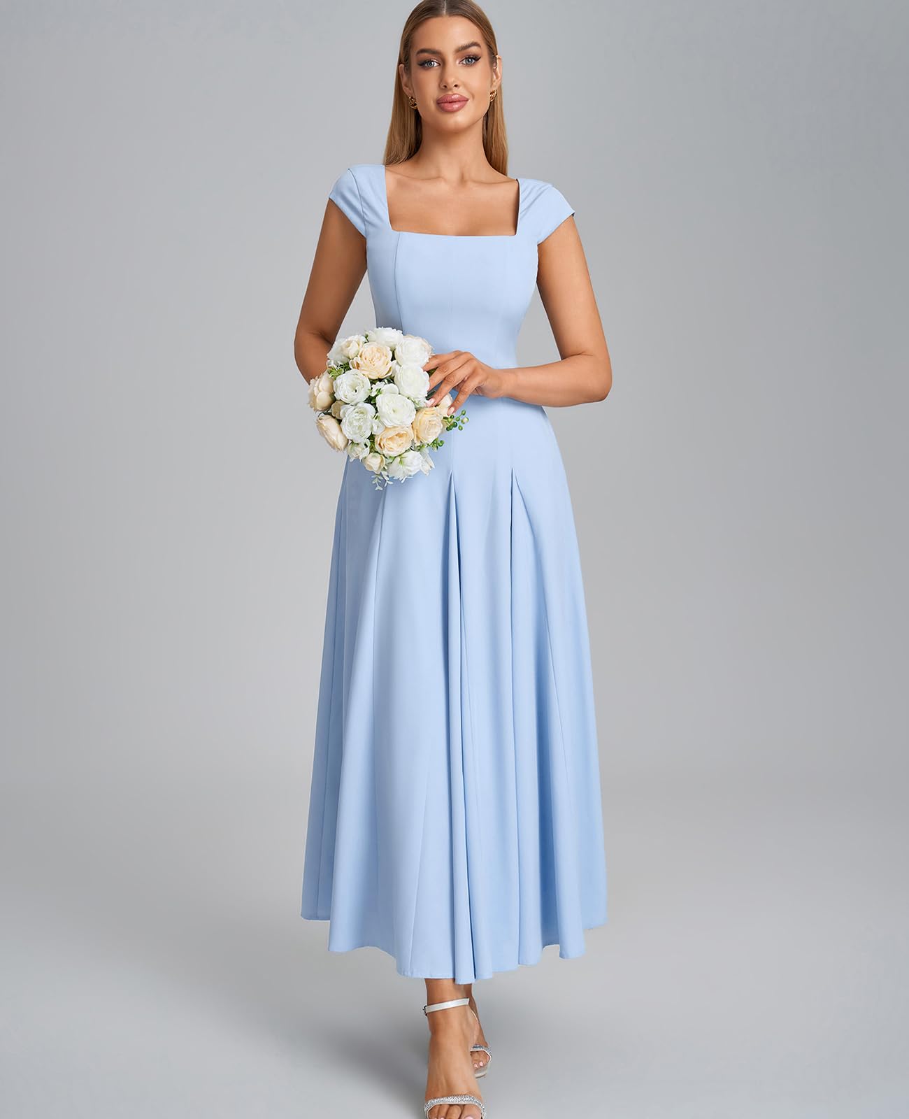 GLNEGE Women’s Corset Wedding Guest Maxi Dress Cap Sleeve Square Neck Lace Up A Line Flowy Formal Midi Dress with Pockets