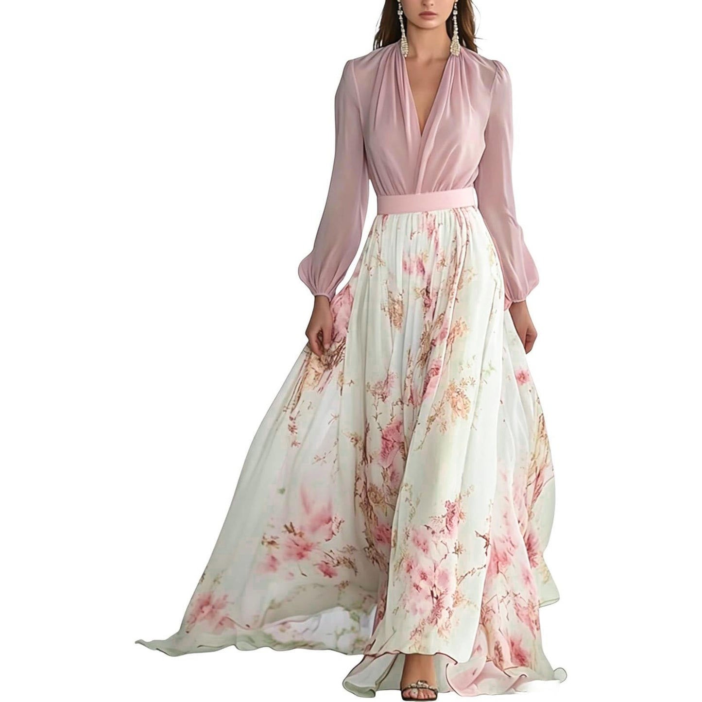 Women's Boho Floral Chiffon Maxi Dresses 2026 Summer Casual Long Sheer Sleeve Deep V Neck A-Line Beach Vacation Dress