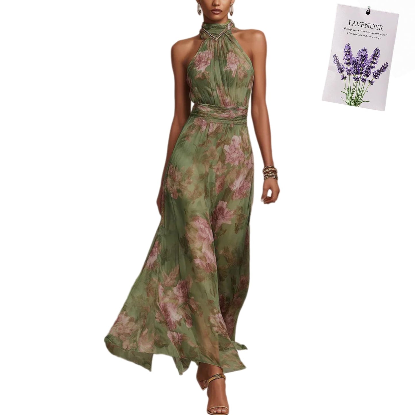 Halter Floral Print Chiffon Maxi Dress for Women Floral Wedding Guest Maxi Dress Formal Halter Chiffon Bridesmaid Dresses