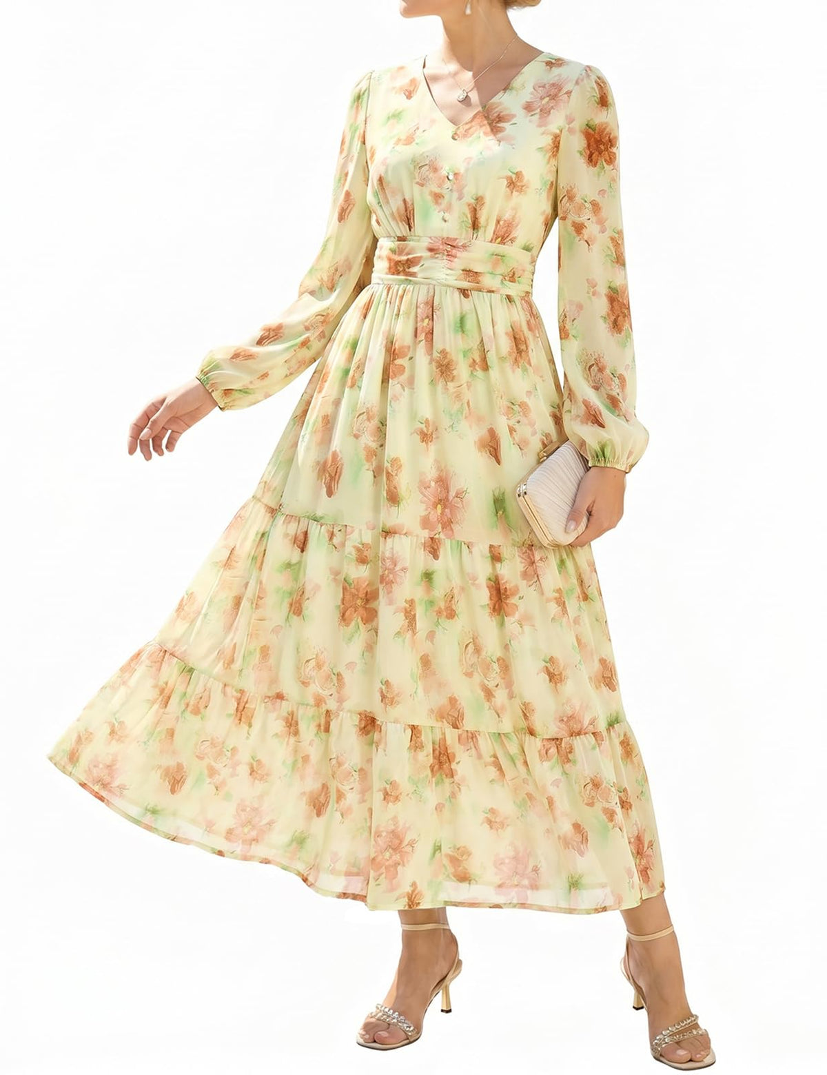 GRACE KARIN Women Floral Maxi Dress Fall Long Sleeve Wedding Guest Dresses