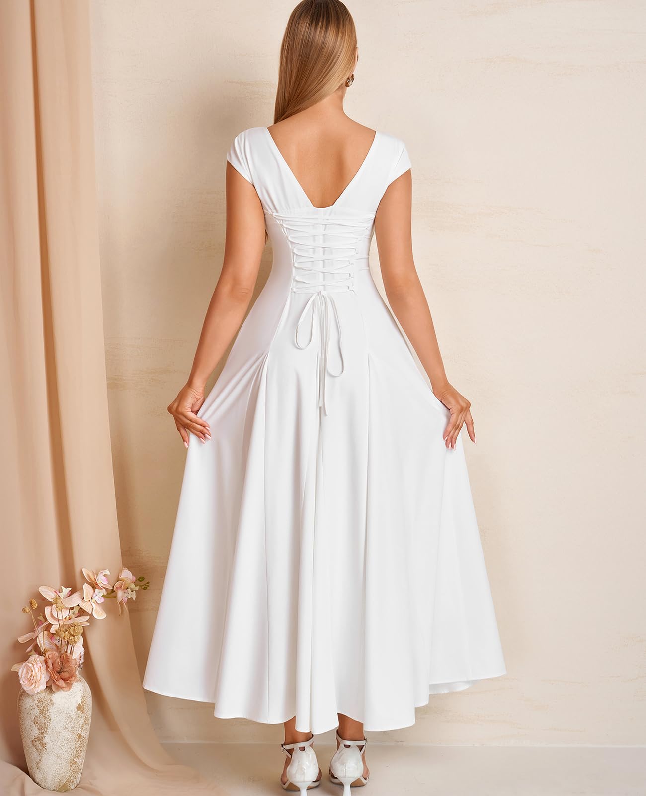 GLNEGE Women’s Corset Wedding Guest Maxi Dress Cap Sleeve Square Neck Lace Up A Line Flowy Formal Midi Dress with Pockets